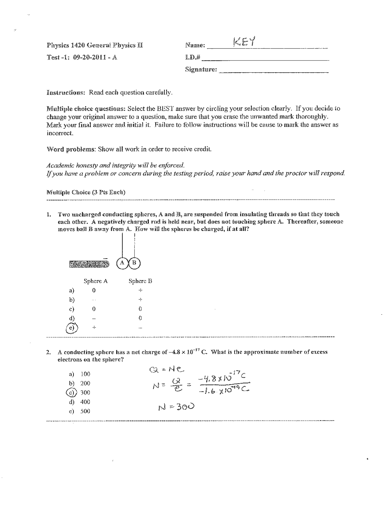 General Physics II - Test 1 Version A - Fall 2011 | PHYS 1420 - Docsity