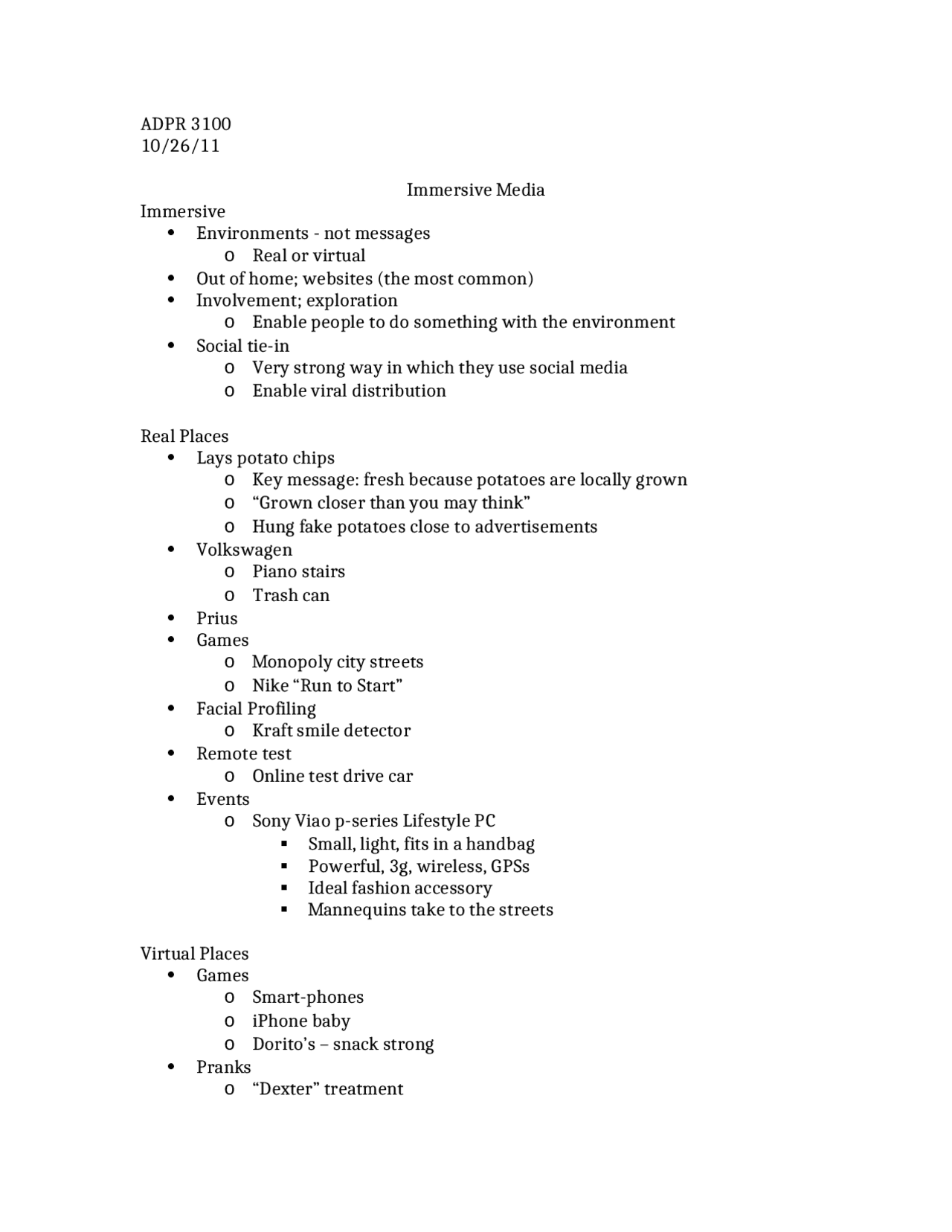 Adpr Example Notes from Test 3 - Principles of Advertising | ADPR 3100 - Docsity
