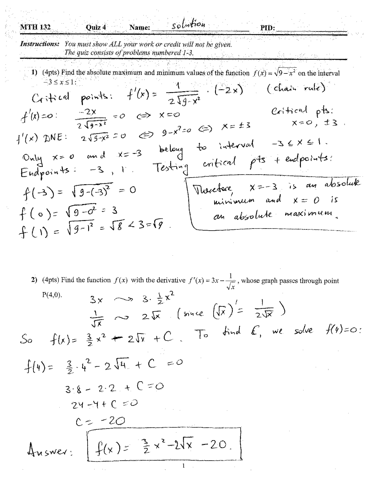 Quiz 4 With Solution Manual Calculus I Mth 132 Docsity