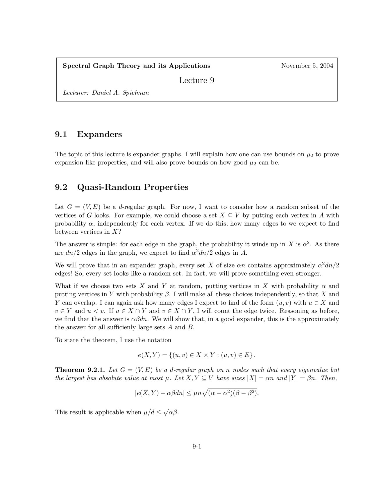 Spectral Graph Theory 9, Lecture Slide - Mathematics - Docsity