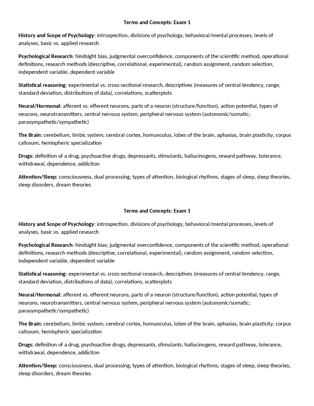 Terms and Concepts in Elementary Psychology - Exam 1 | PSYC 1101 - Docsity