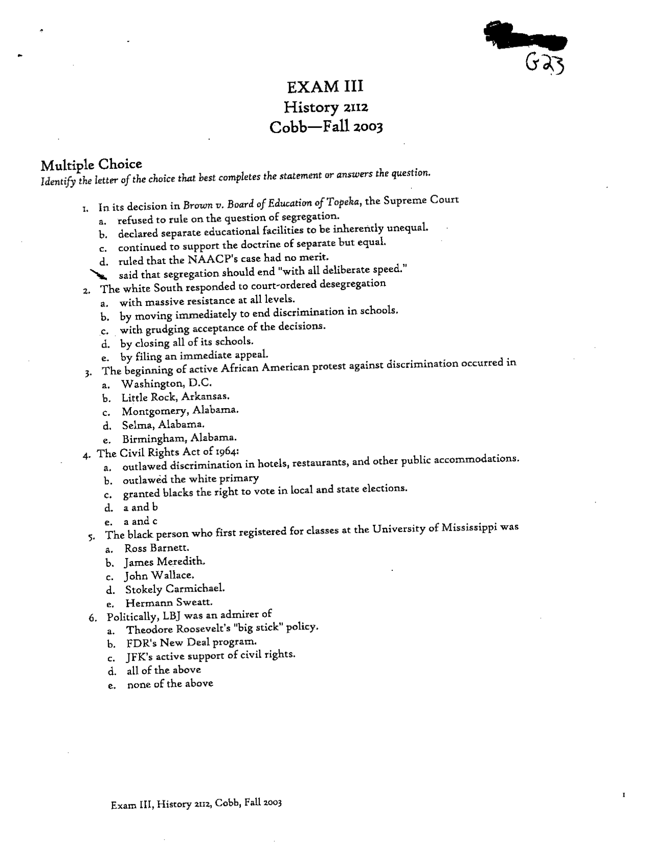 American History Since 1865 - Past Paper 2003 | HIST 2112 - Docsity