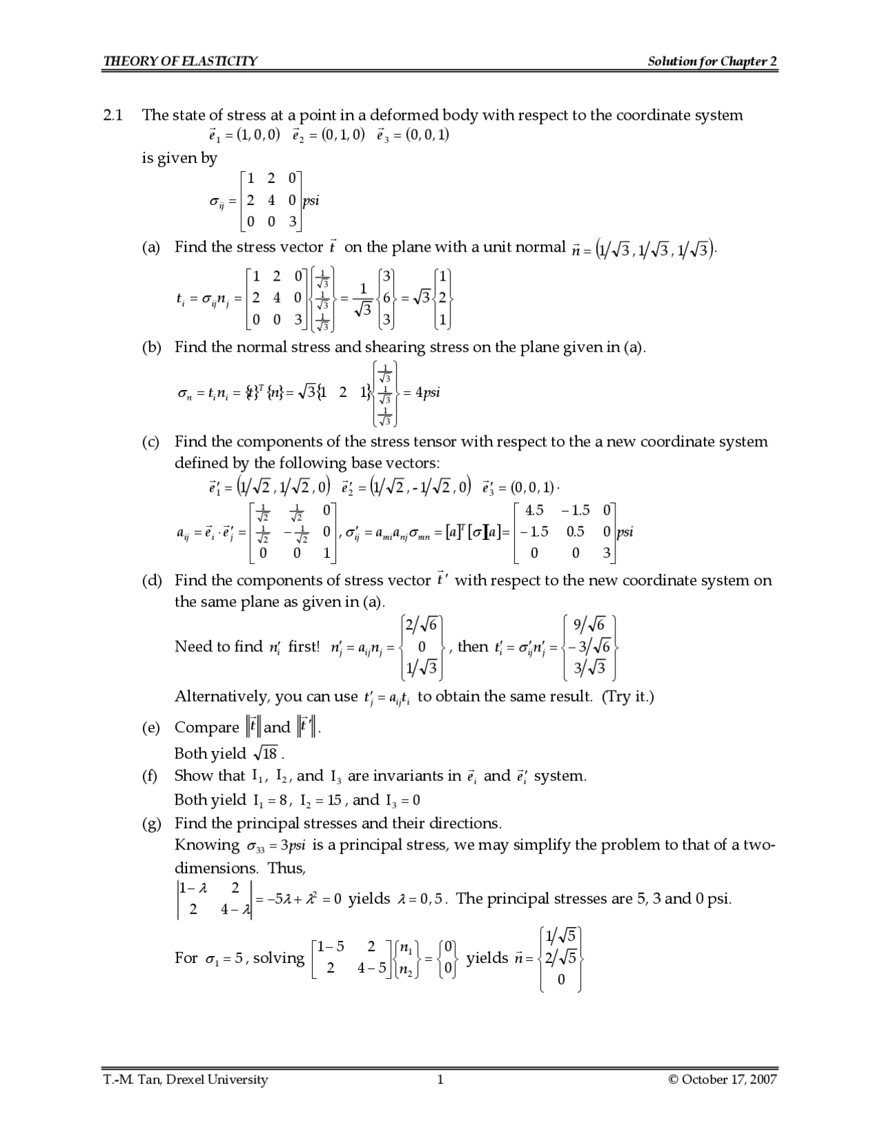 Homework with Solutions | Theory of Elasticity I | MEM 660 | Study ...