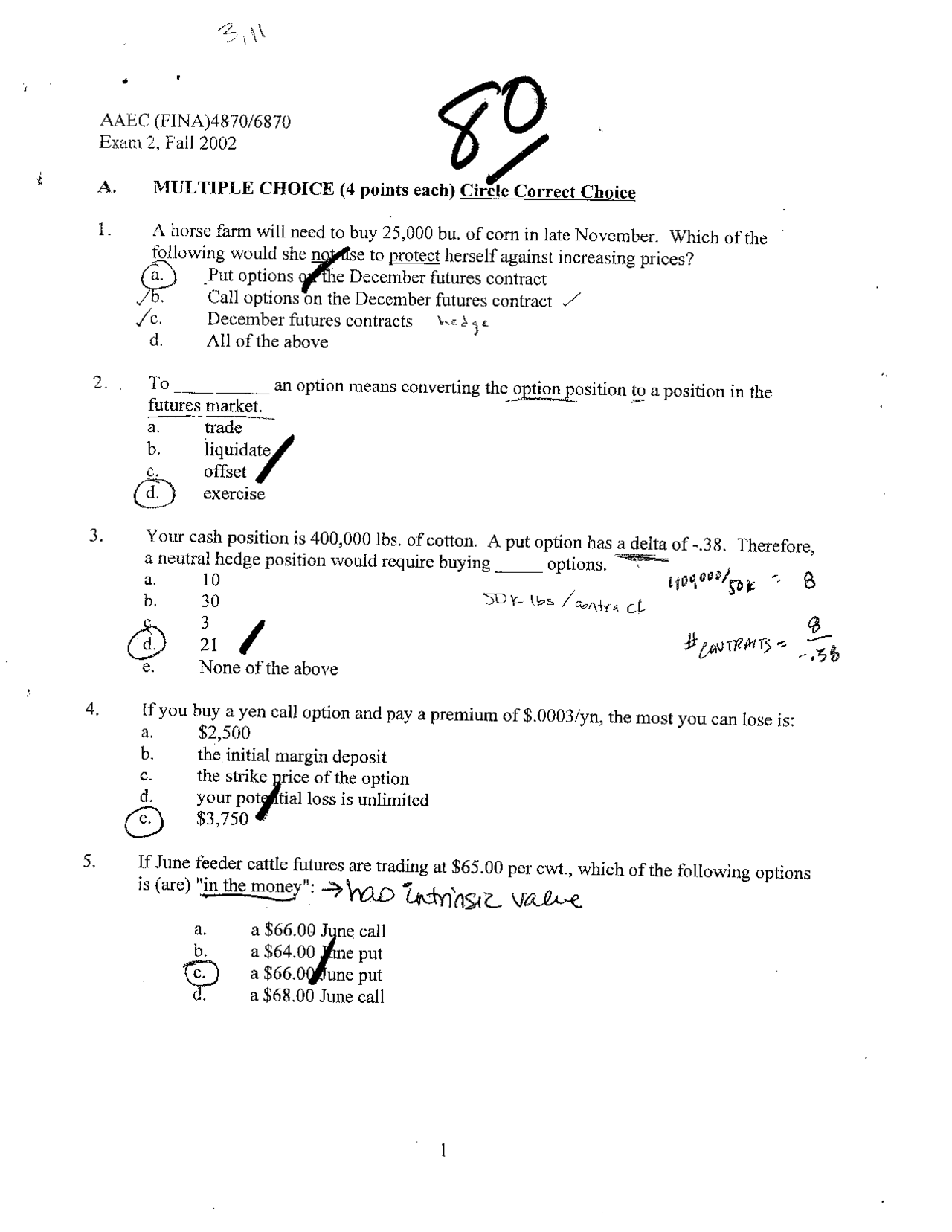 Exam 2 with Solution for Futures and Options Markets | AAEC 4870 ...