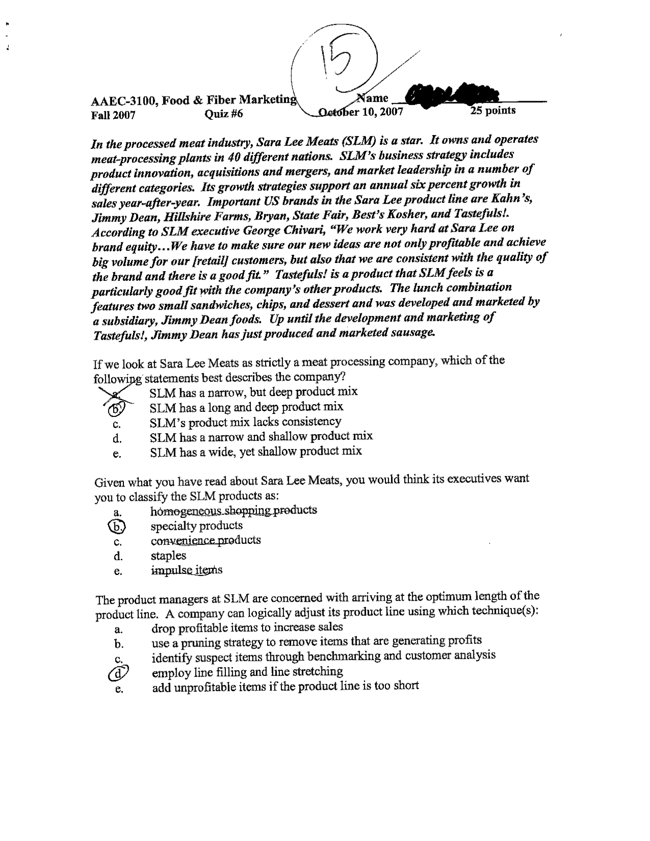 Food and Fiber Marketing Quiz 6 AAEC 3100 Docsity