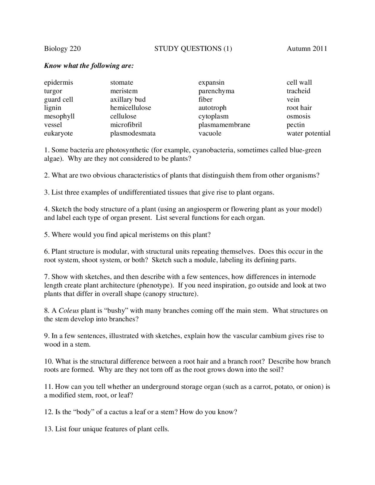 Introductory Biology - Study Questions | BIOL 220 - Docsity