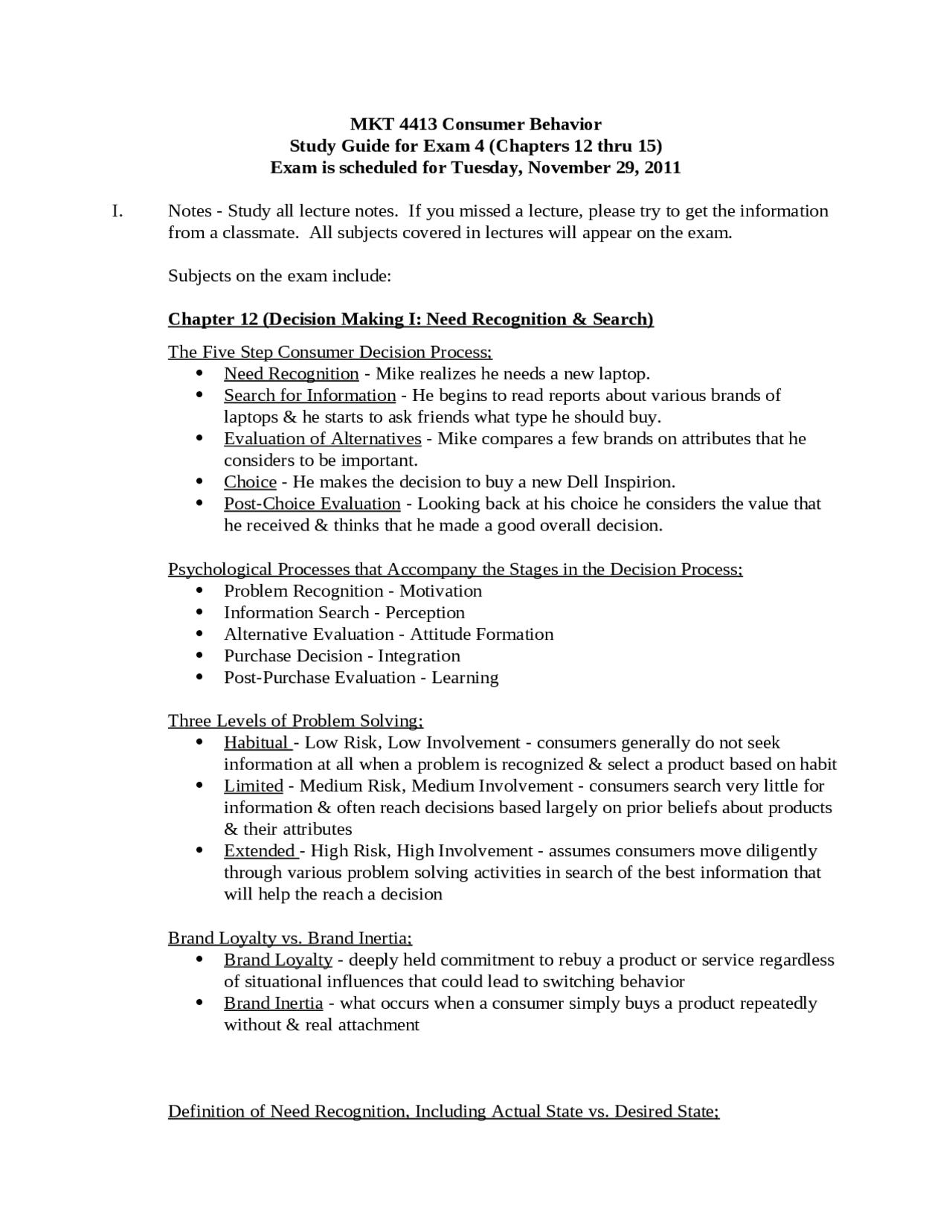 Study Guide Exam 4 - Consumer Behavior | MKT 4413 - Docsity