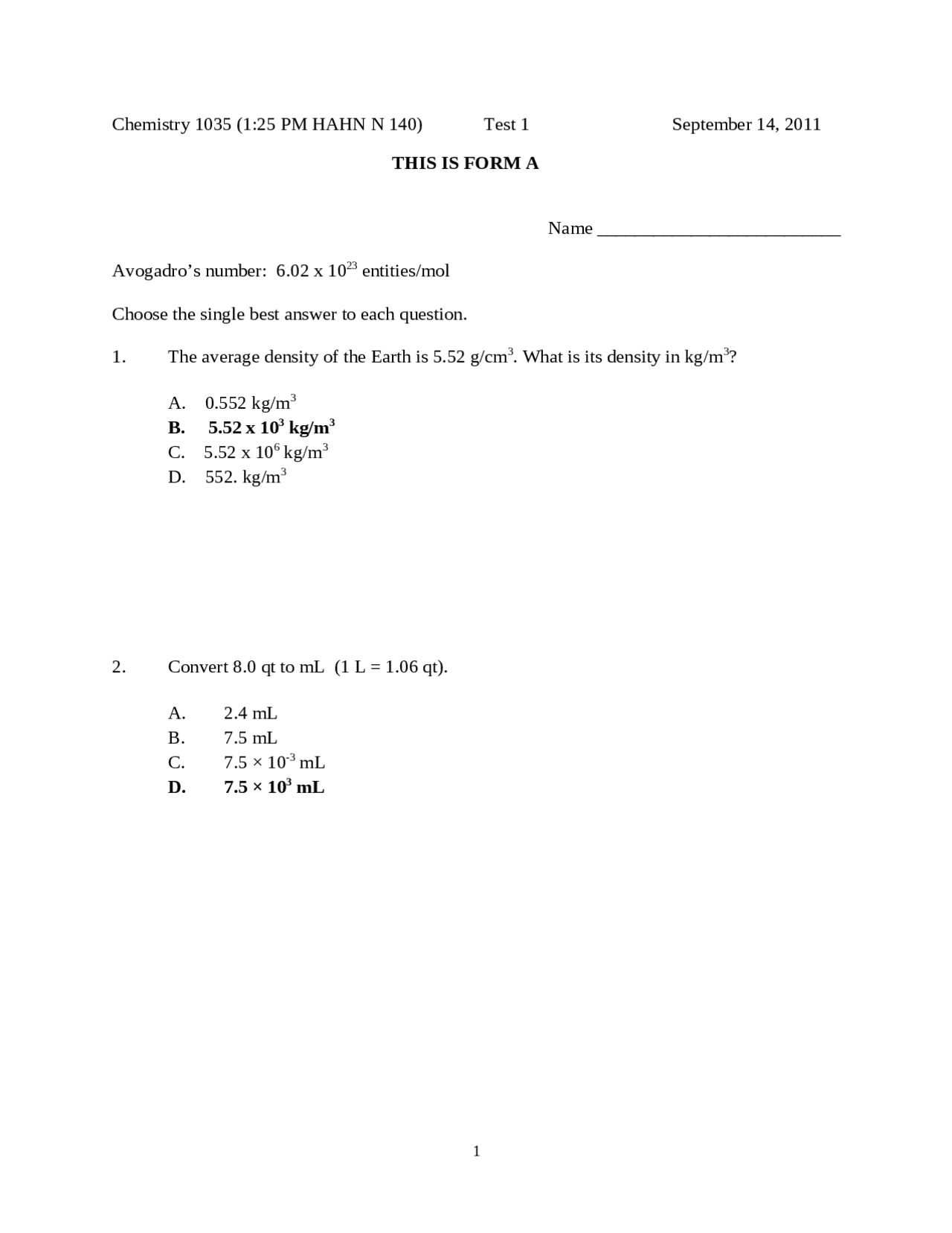 Resolution for Test 1 - General Chemistry - Fall 2011 | CHEM 1035 - Docsity