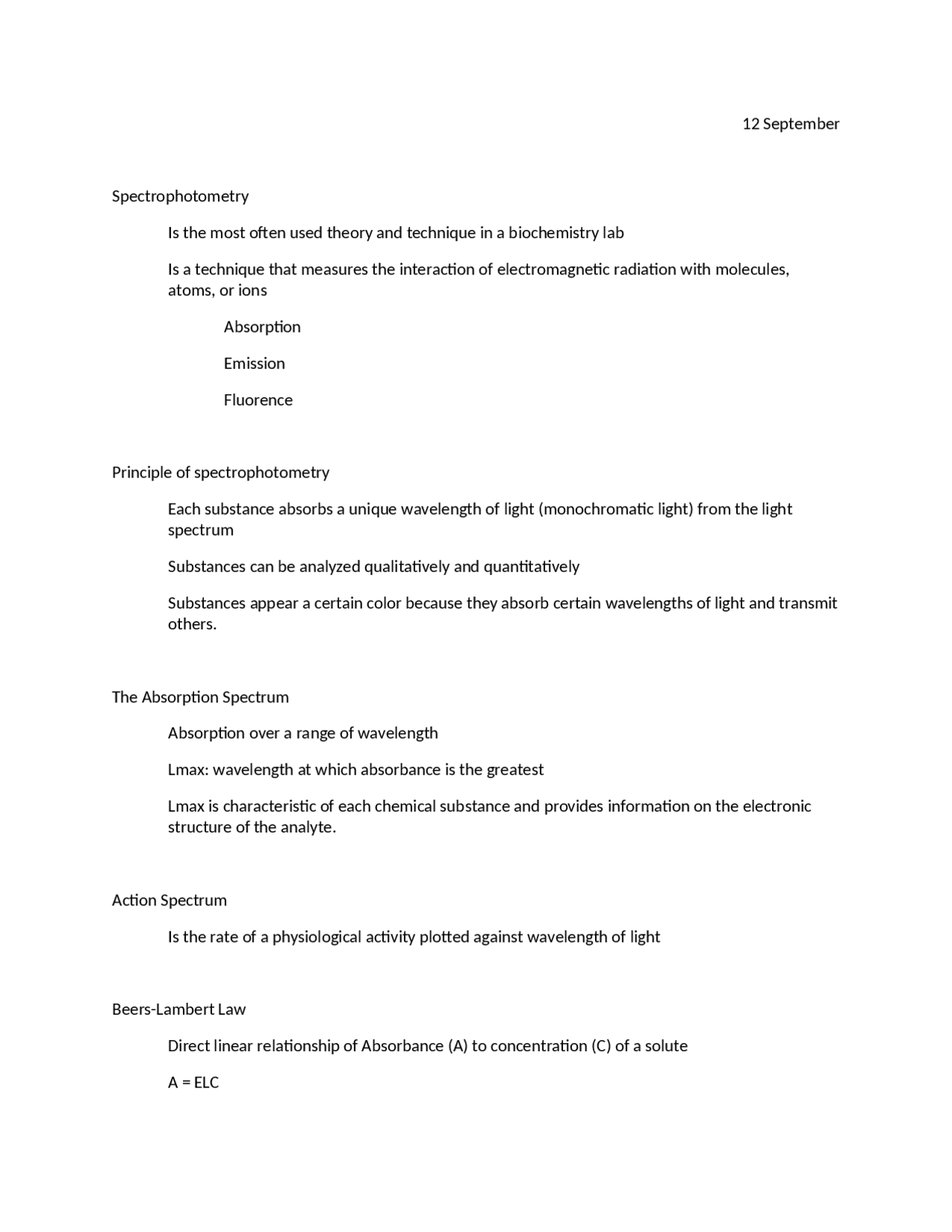 Spectrophotometry Introductory Cell Biology Laboratory LIFE 212 Docsity