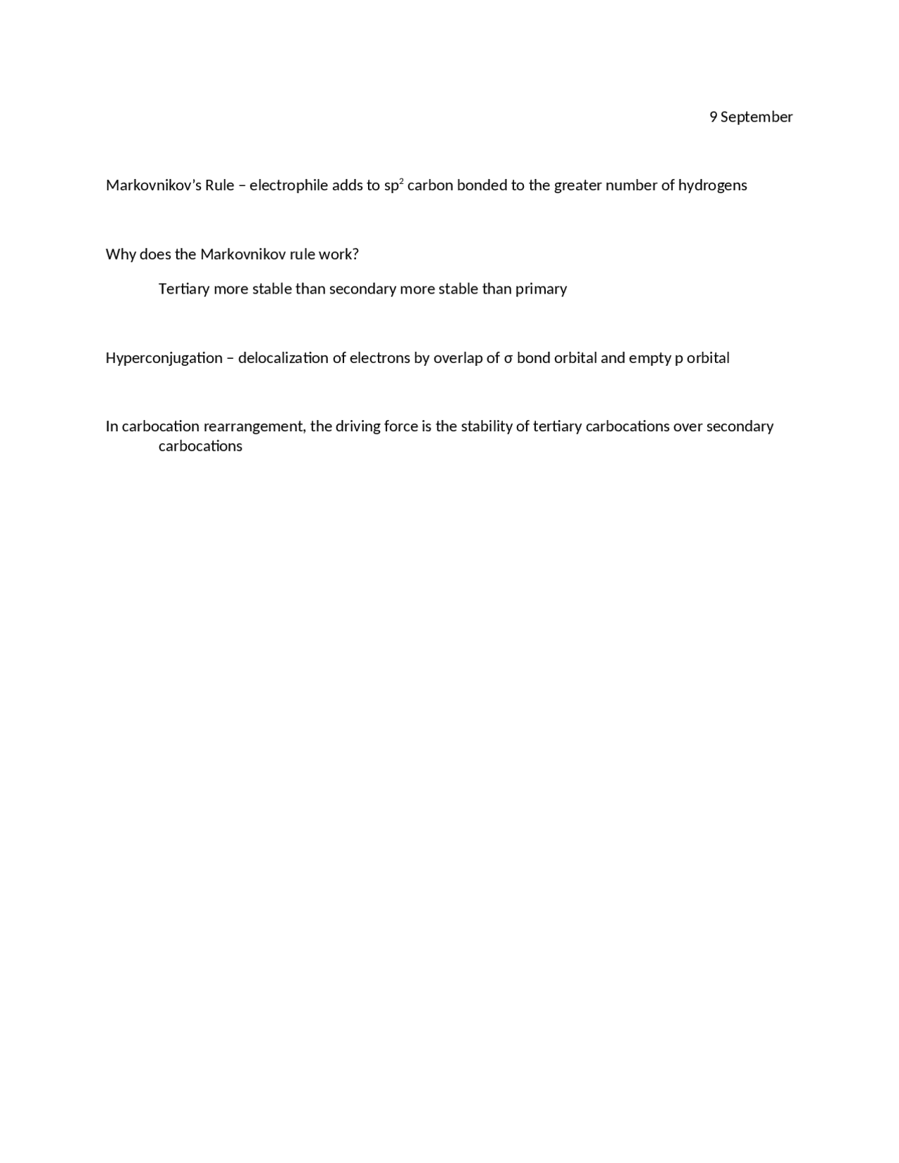 Markovnikov's Rule, Hyper conjugation - Notes | CHEM 341 - Docsity