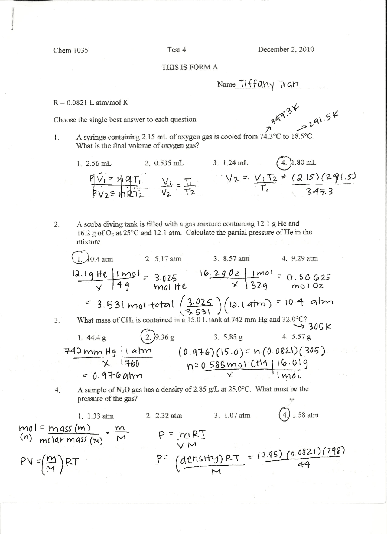 Gases Test | General Chemistry | CHEM 1035 - Docsity