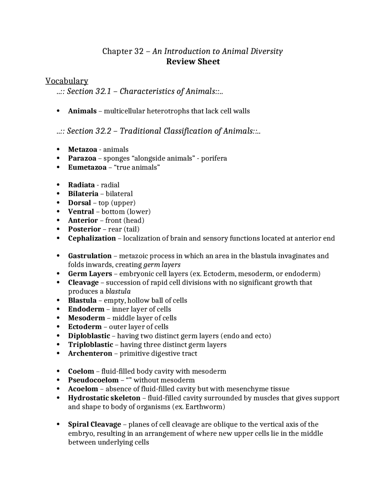 Introduction to Animal Diversity - Review Sheet | BSC 2011 - Docsity