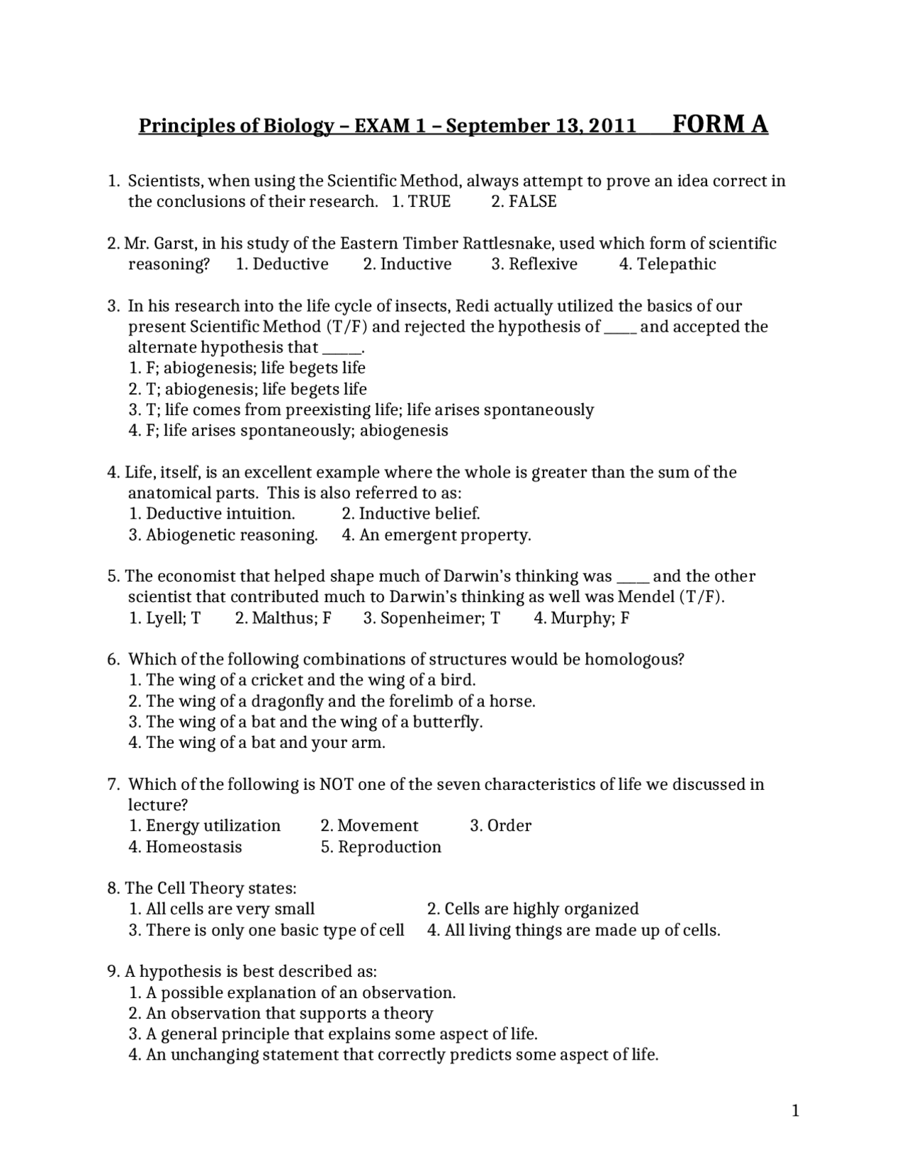 Final Exam 1A Questions for Principles of Biology | BIOL 1105 | Exams ...