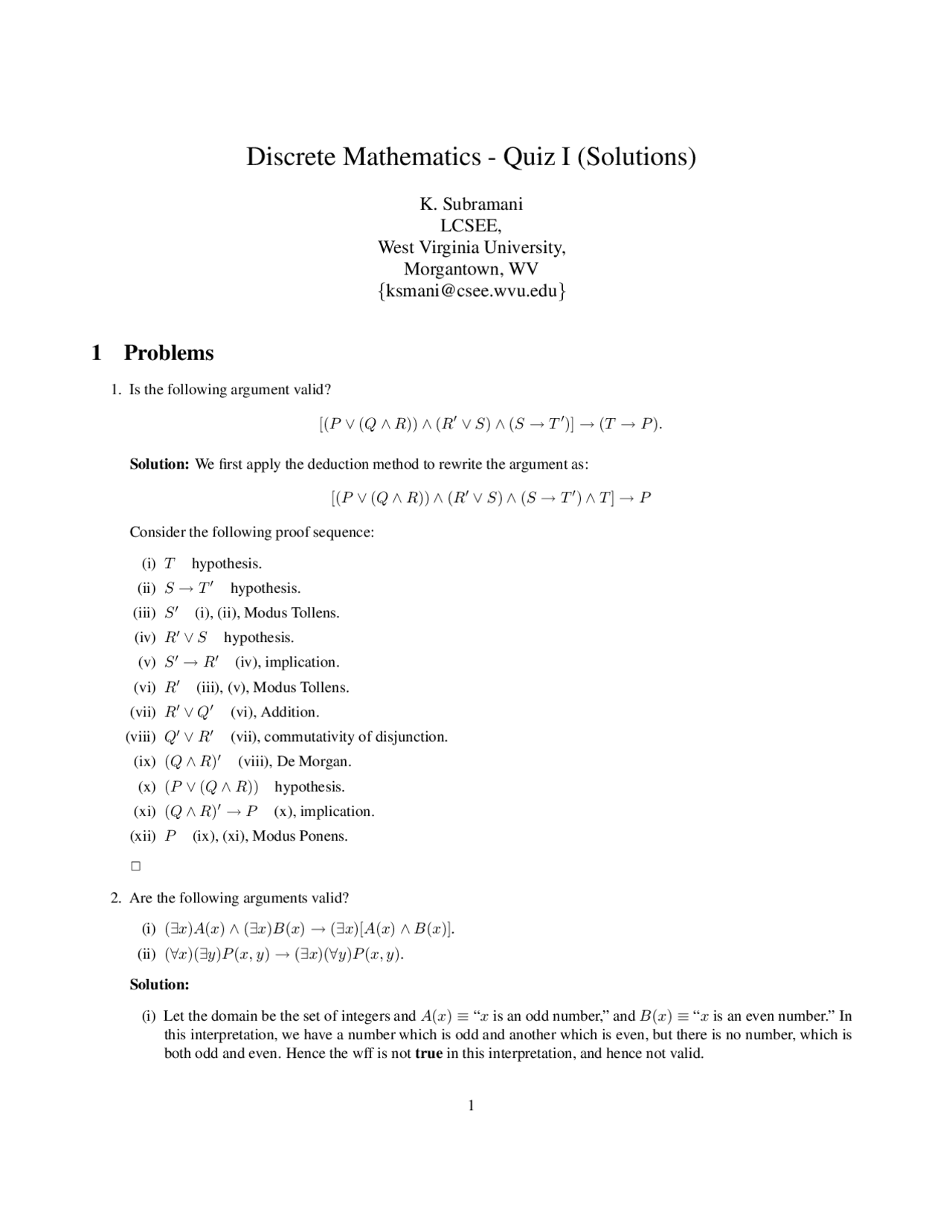 Math/cs Questions Examples Sample Quiz 2 with Solutions - Discrete Mathematics | CS 220 - Docsity