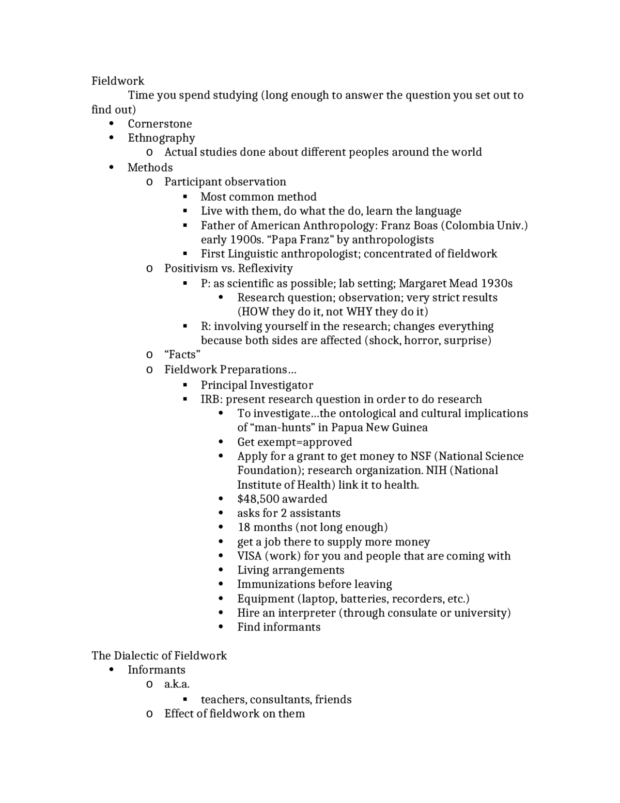 Field Work Notes Participant Observation, Facts, Fieldwork - Notes | ANTH 1003 - Docsity