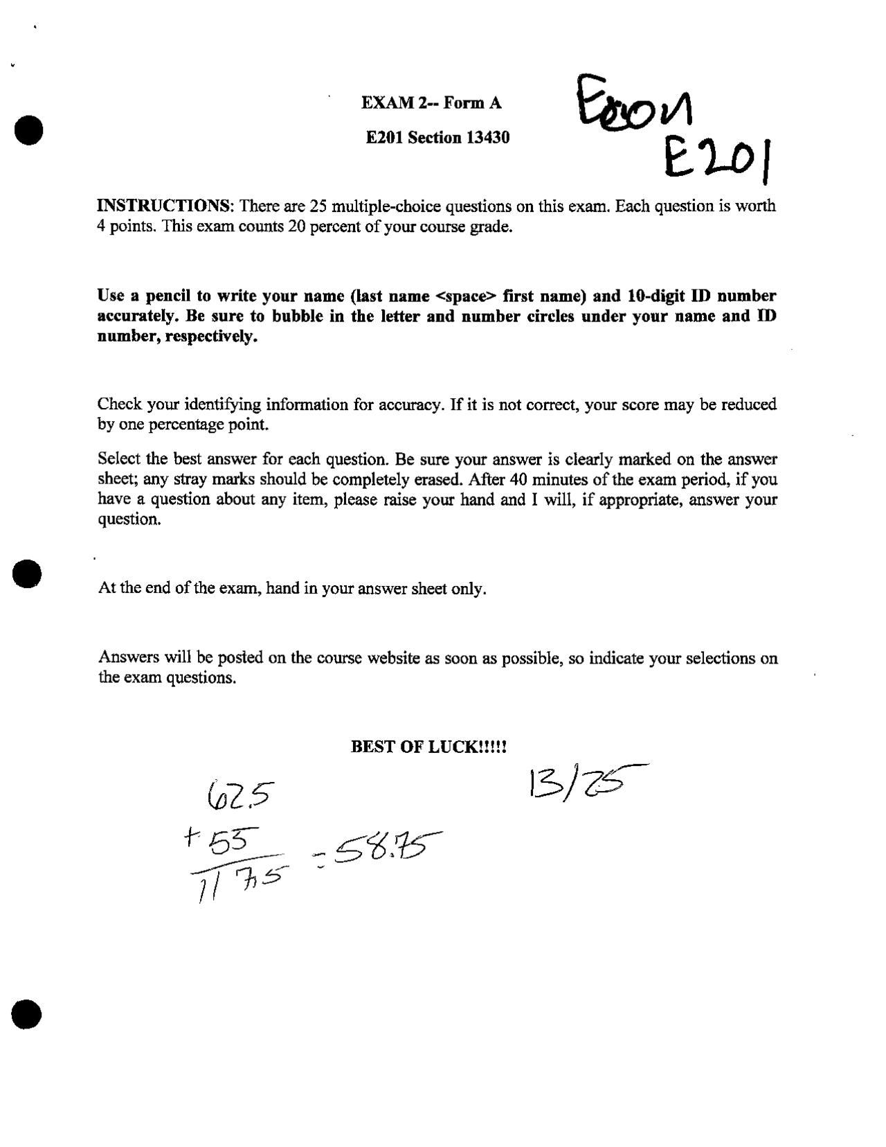Introduction to Microeconomics - Exam 2 Form A with Solutions | ECON ...