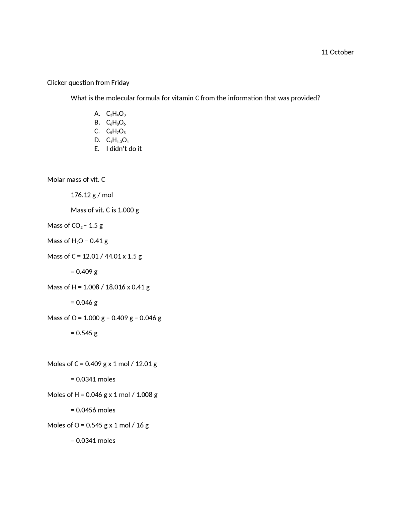 Notes On Molar Mass For Vitamin C Chem 111 Docsity