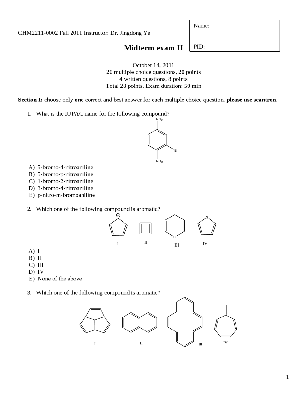 Midterm Exam II Questions - Organic Chemistry II - Fall 2011 | CHM 2211 ...