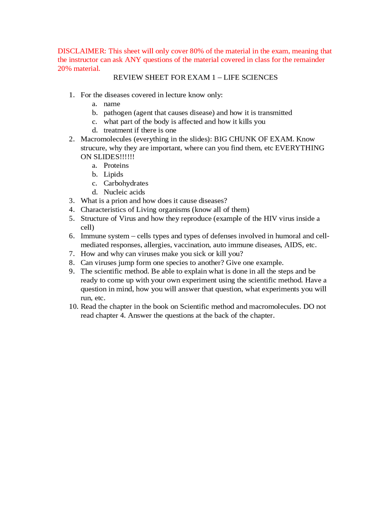 Review Sheet for Test 1 Life Sciences BSC 1005 Study notes