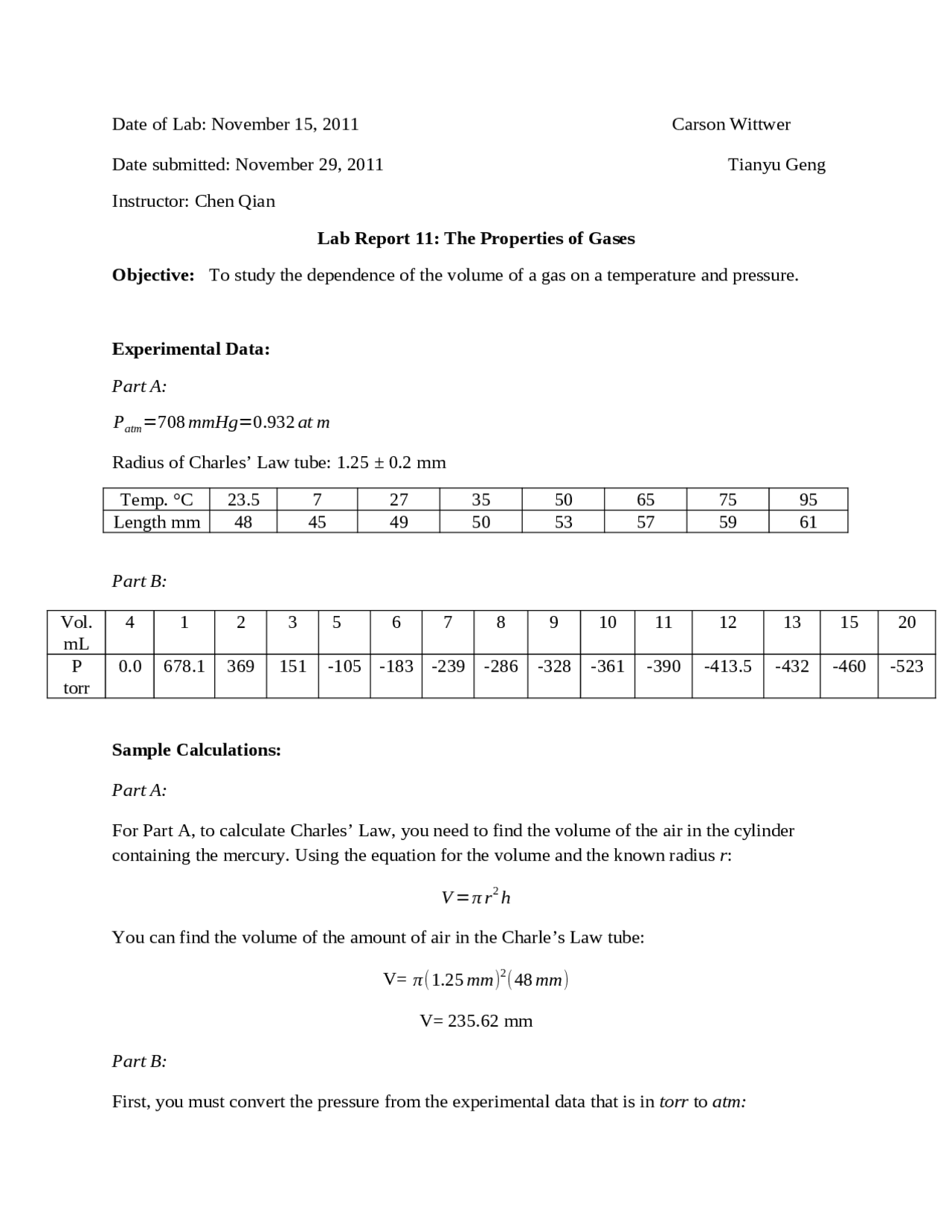 The Properties of Gases - Laboratory 11 Report | CHEM 1045 - Docsity