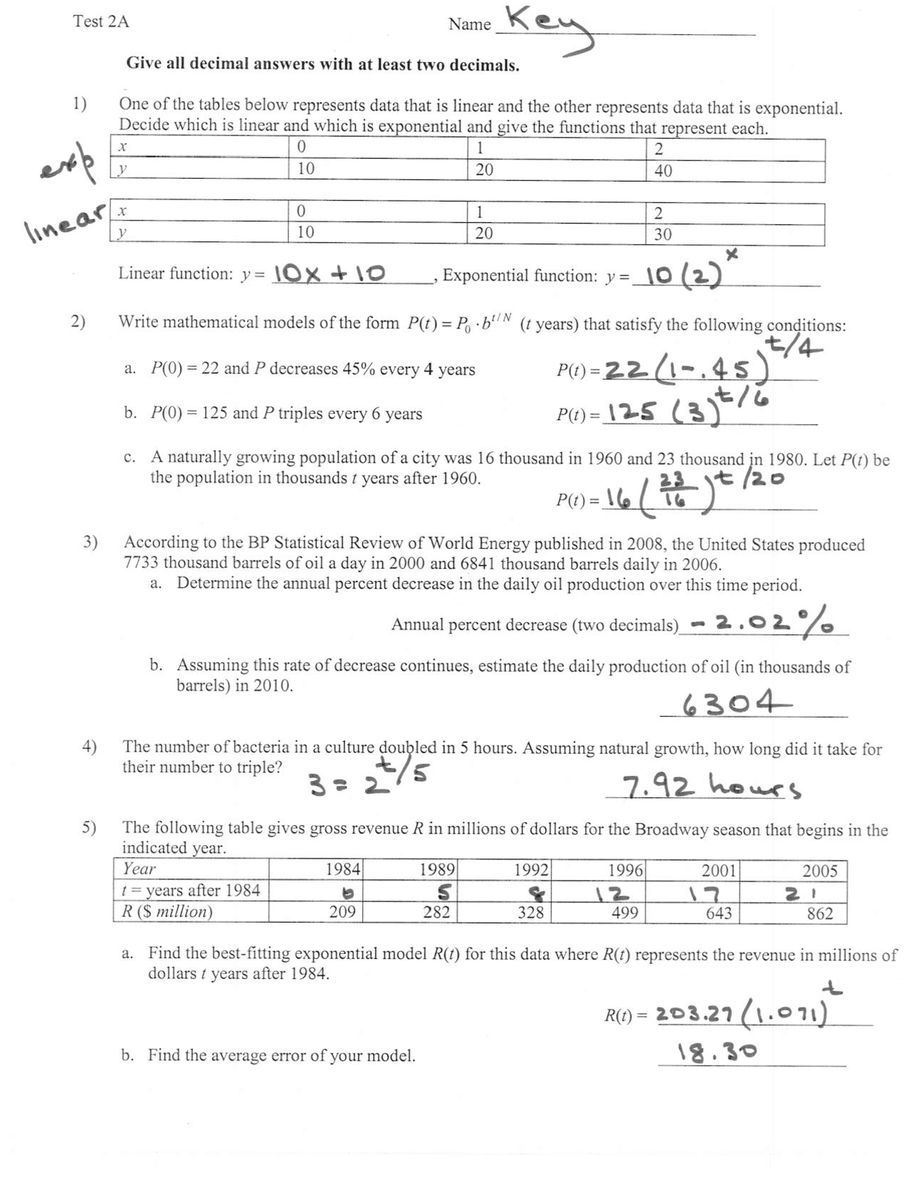 Test 2 Form A with Solutions - Introduction to Mathematical Modeling ...