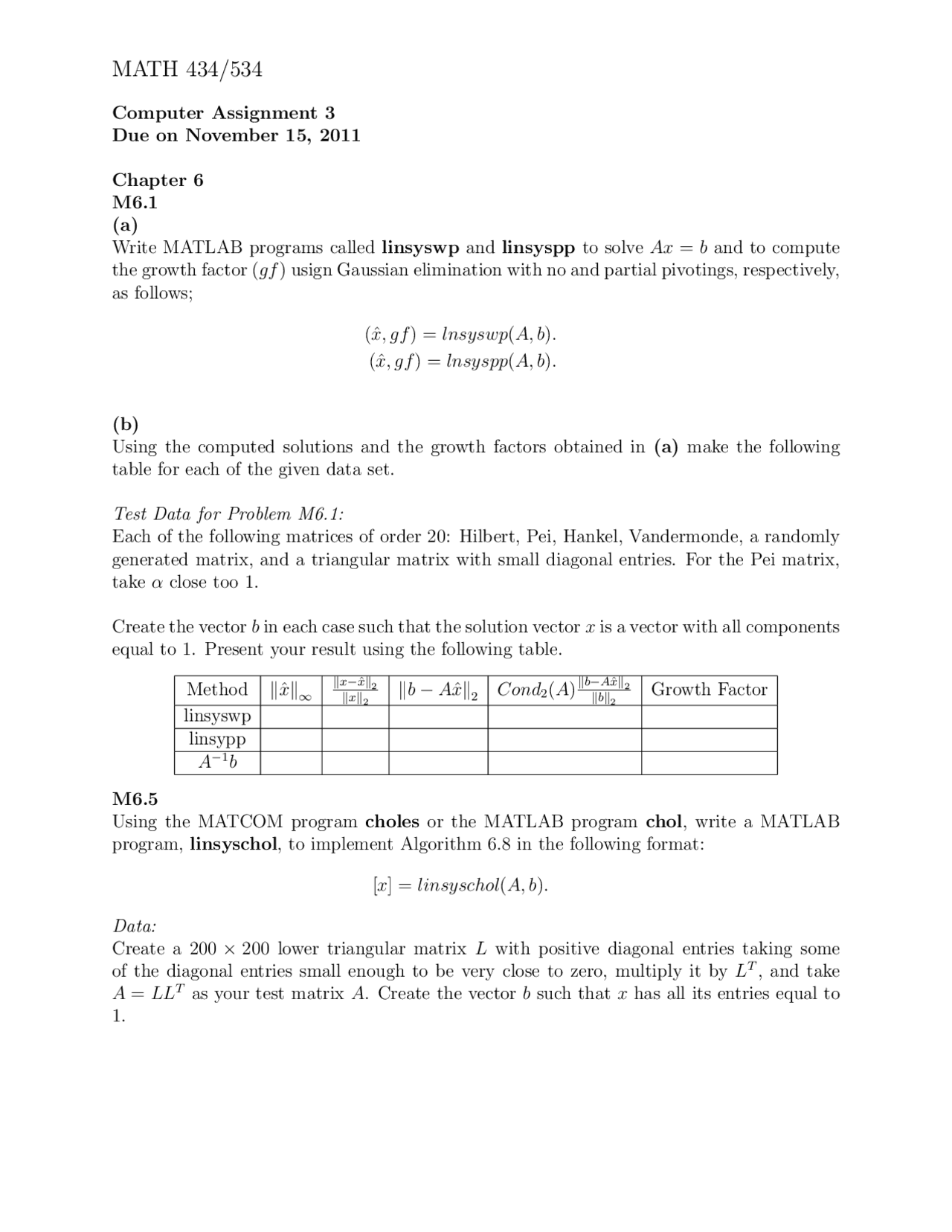 Fake Algebra Assignment Computer Numerical Linear Algebra - Computer Assignment 3 | MATH 434 - Docsity