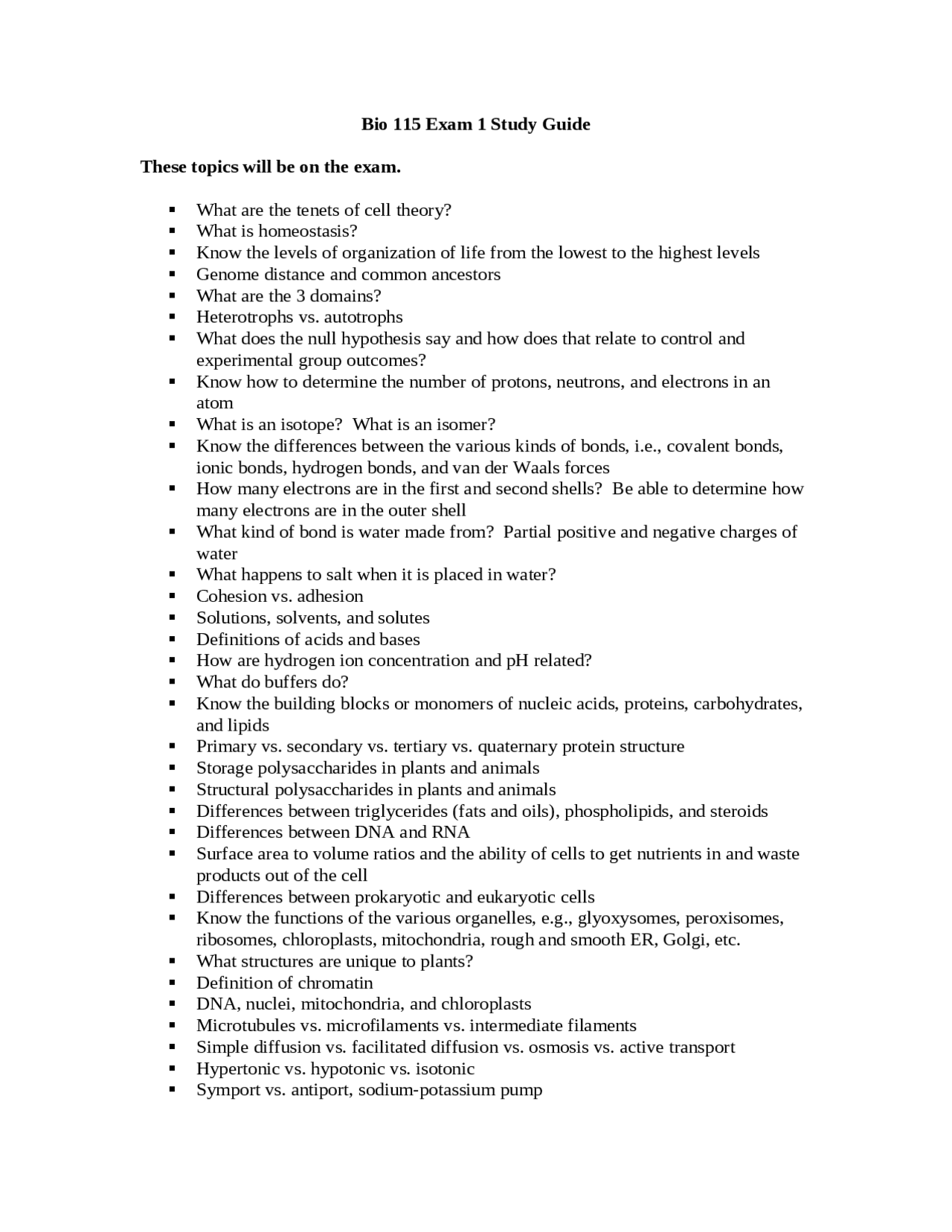 Exam 1 Study Guide | Basic Biology | BIO 115 - Docsity