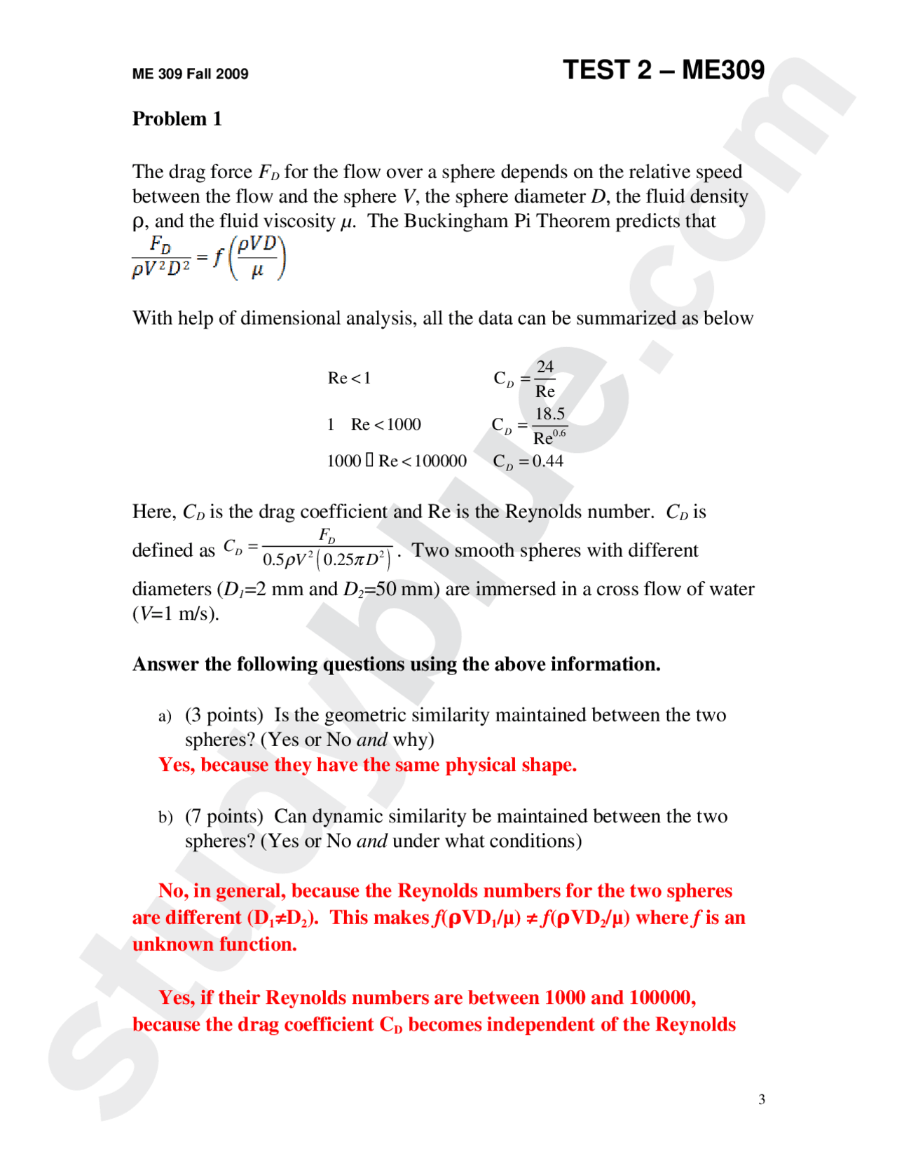 3 Problems on Fluid Mechanics with Solutions - Exam 2 | ME 30900 - Docsity