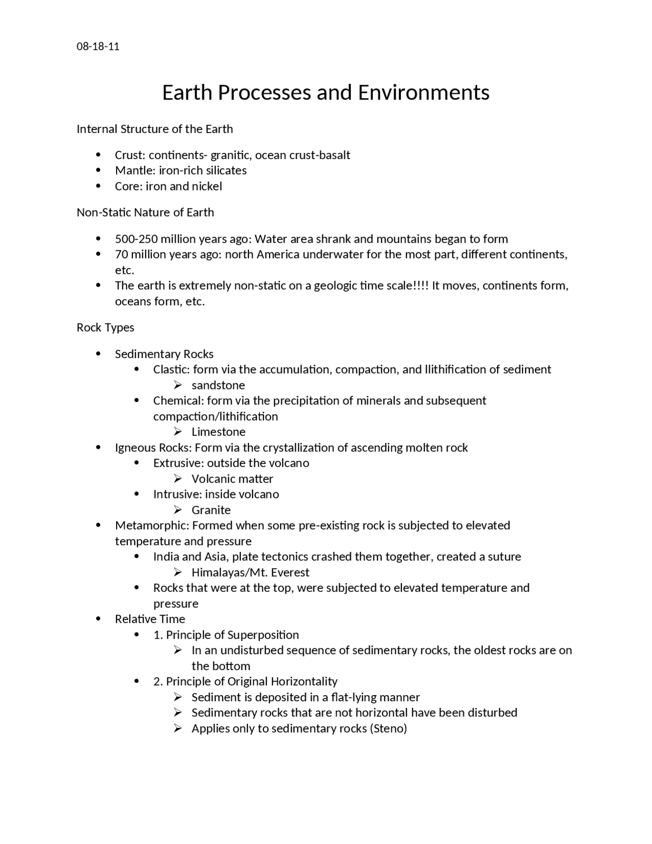 Earth Processes and Environments in Geological Time | GEOL 1121 - Docsity