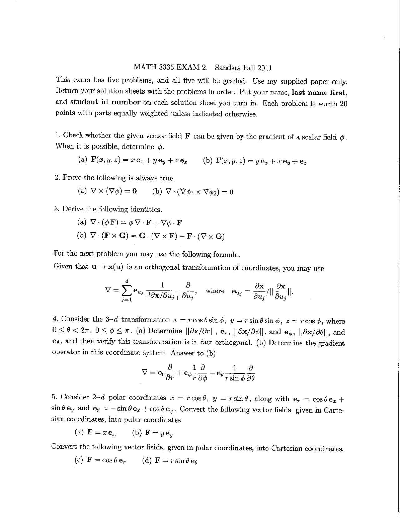 Exam 2 with Solution - Vector Analysis | MATH 3335 - Docsity