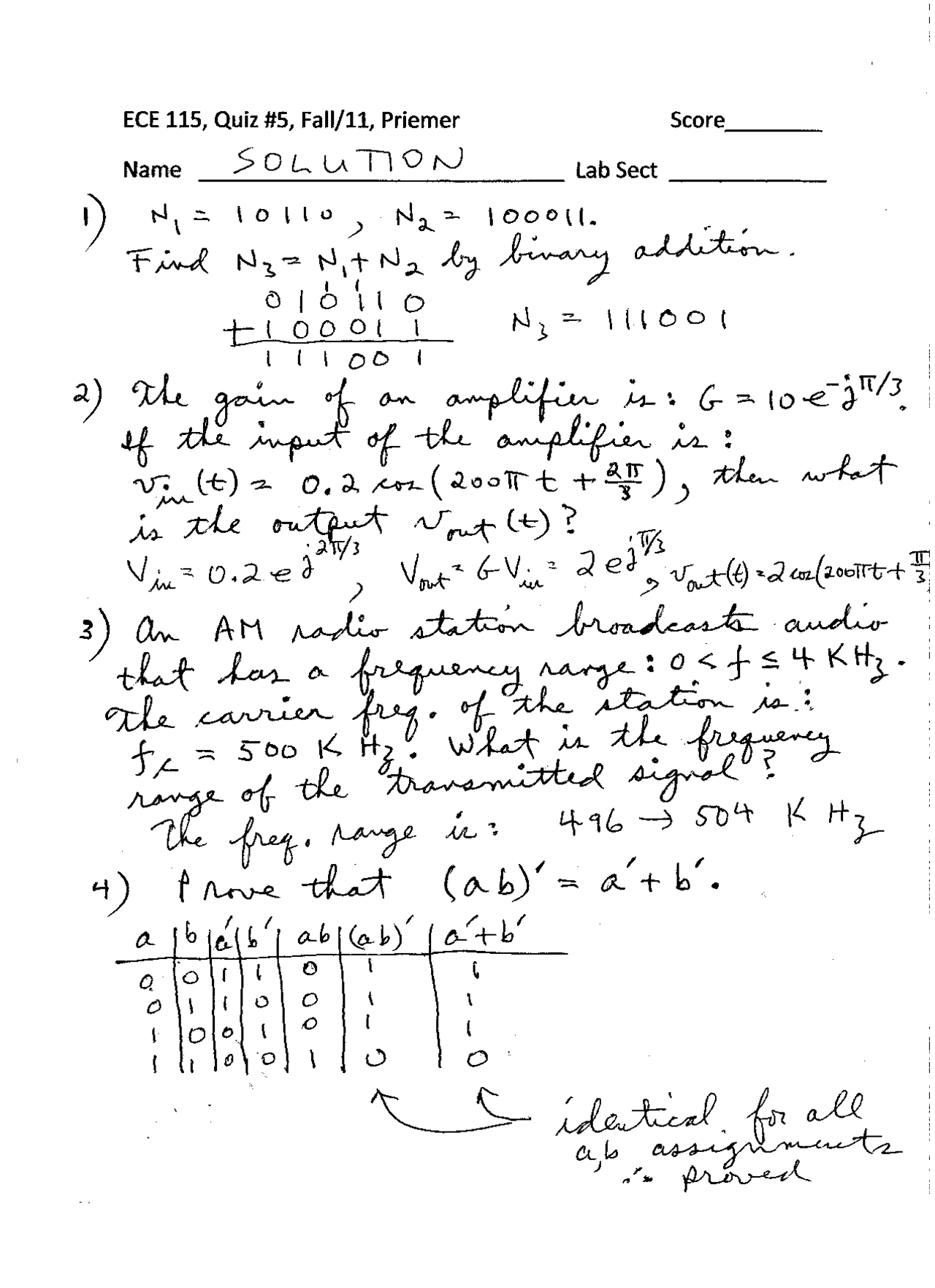 Quiz Solution Key Introduction to Electrical and Computer Engineering ...