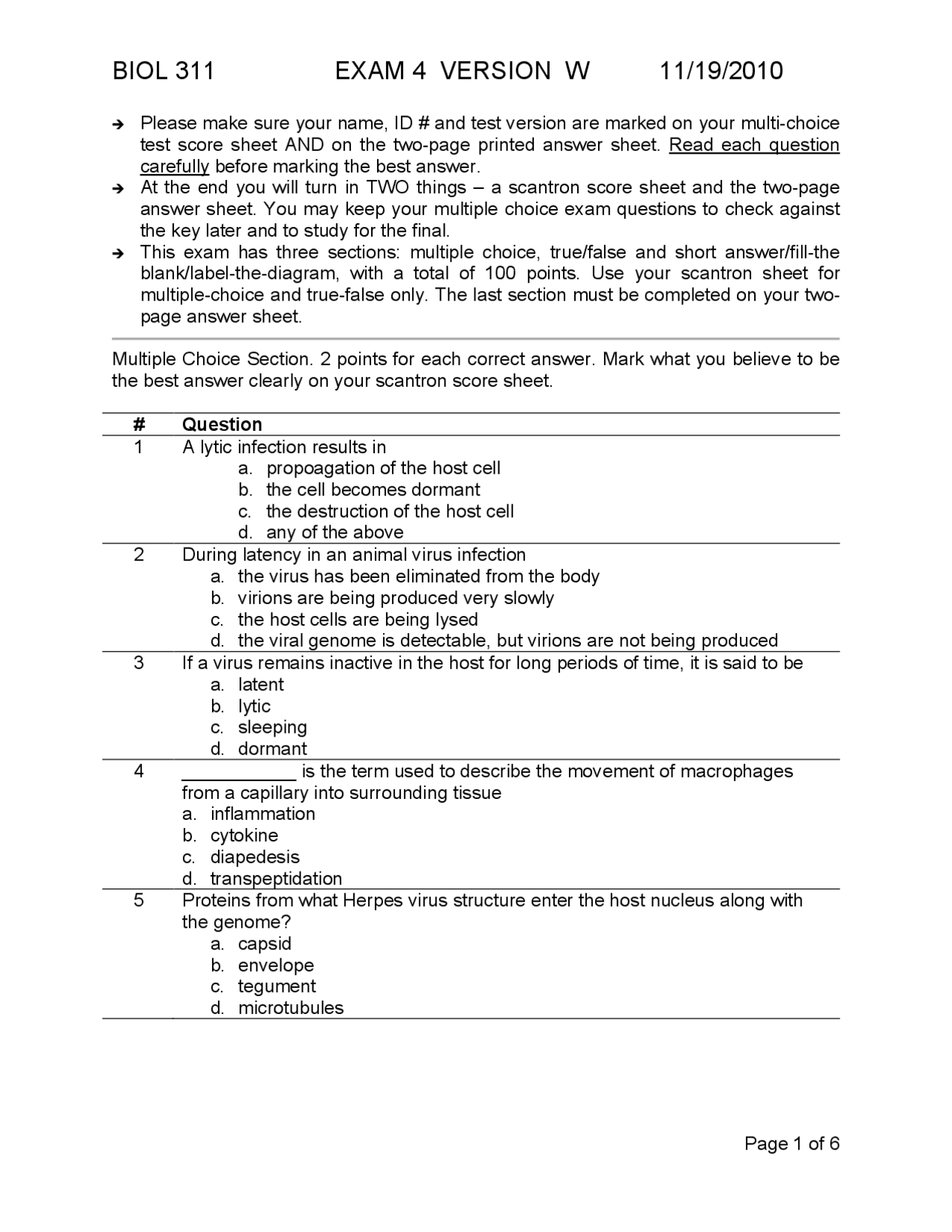 40 Problems on General Microbiology - Sample Exam 4 | BIOL 311 | Exams ...