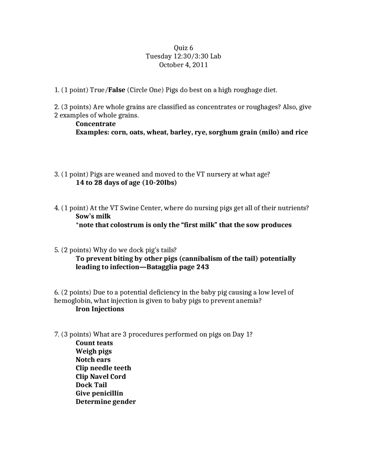 Animal and Poultry Science Lab Quiz 6 Solution APSC 1464 Docsity