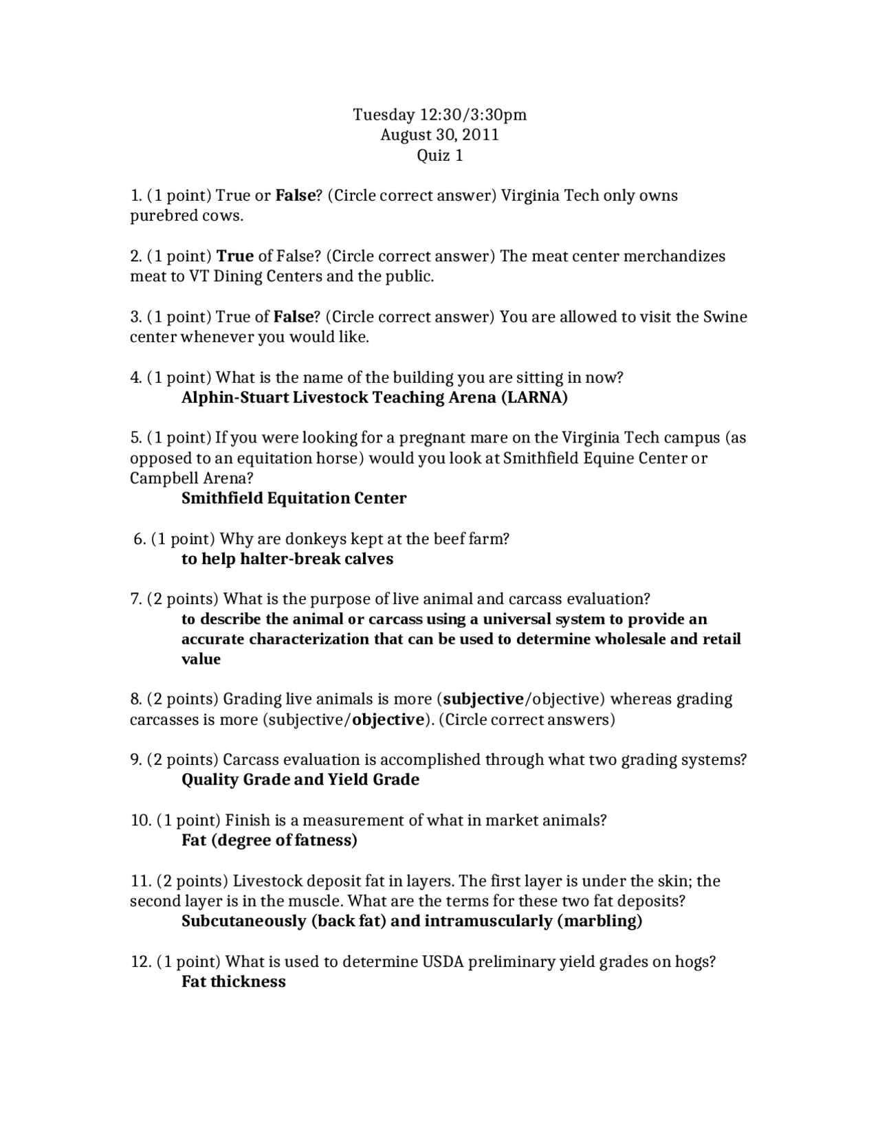Live Animal and Carcass Evaluation Quiz 1 Answers Poultry Science