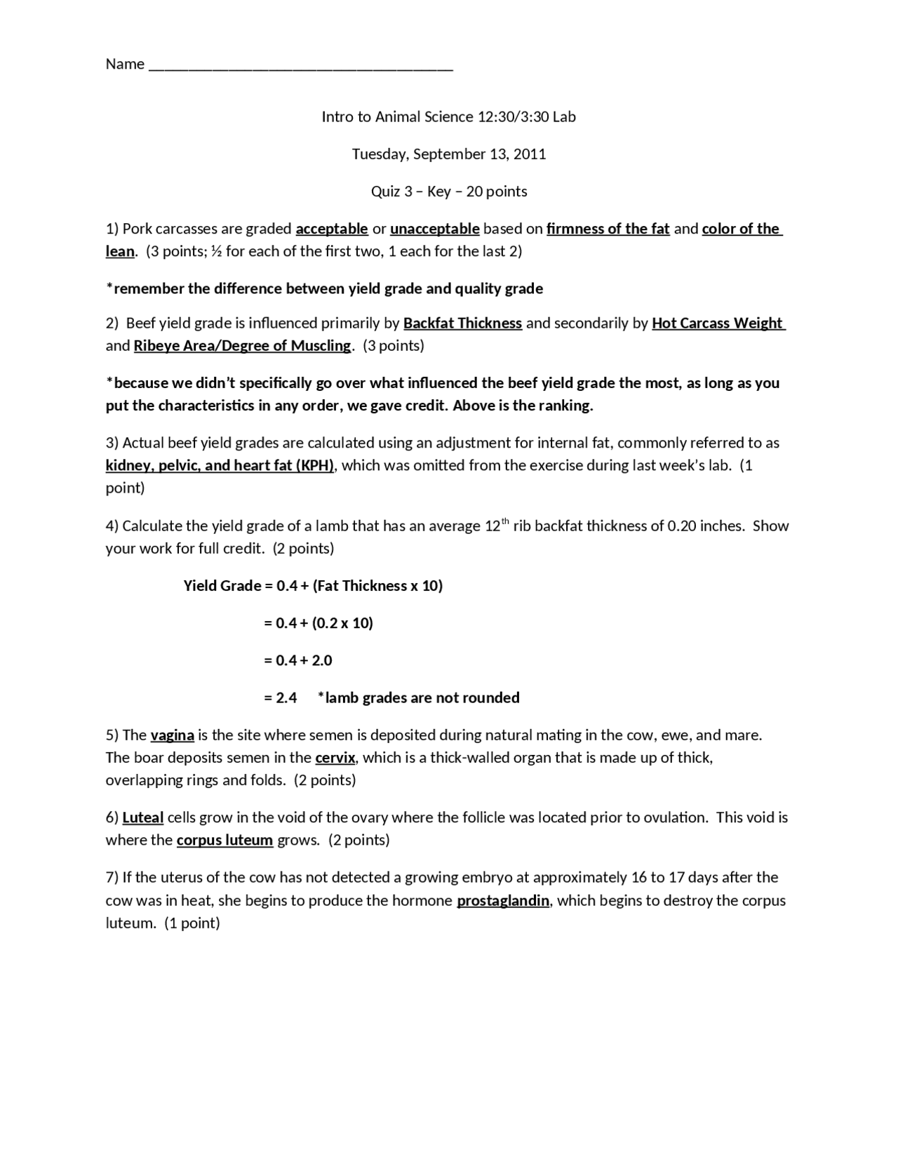Animal and Poultry Science Lab Quiz Key APSC 1464 Docsity