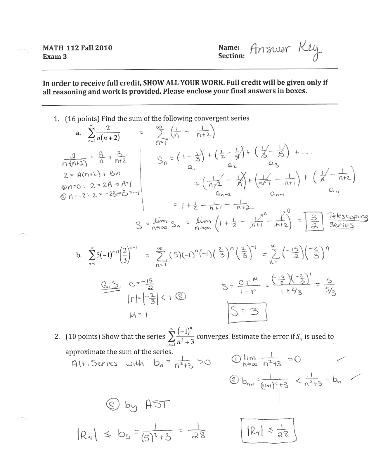 Exam 3 with Answer Key | Elementary Algebra II | MATH 112 - Docsity