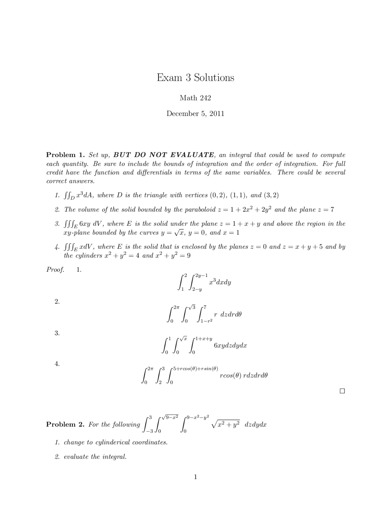 Exam 3 Solutions | Calculus III | MA 242 - Docsity