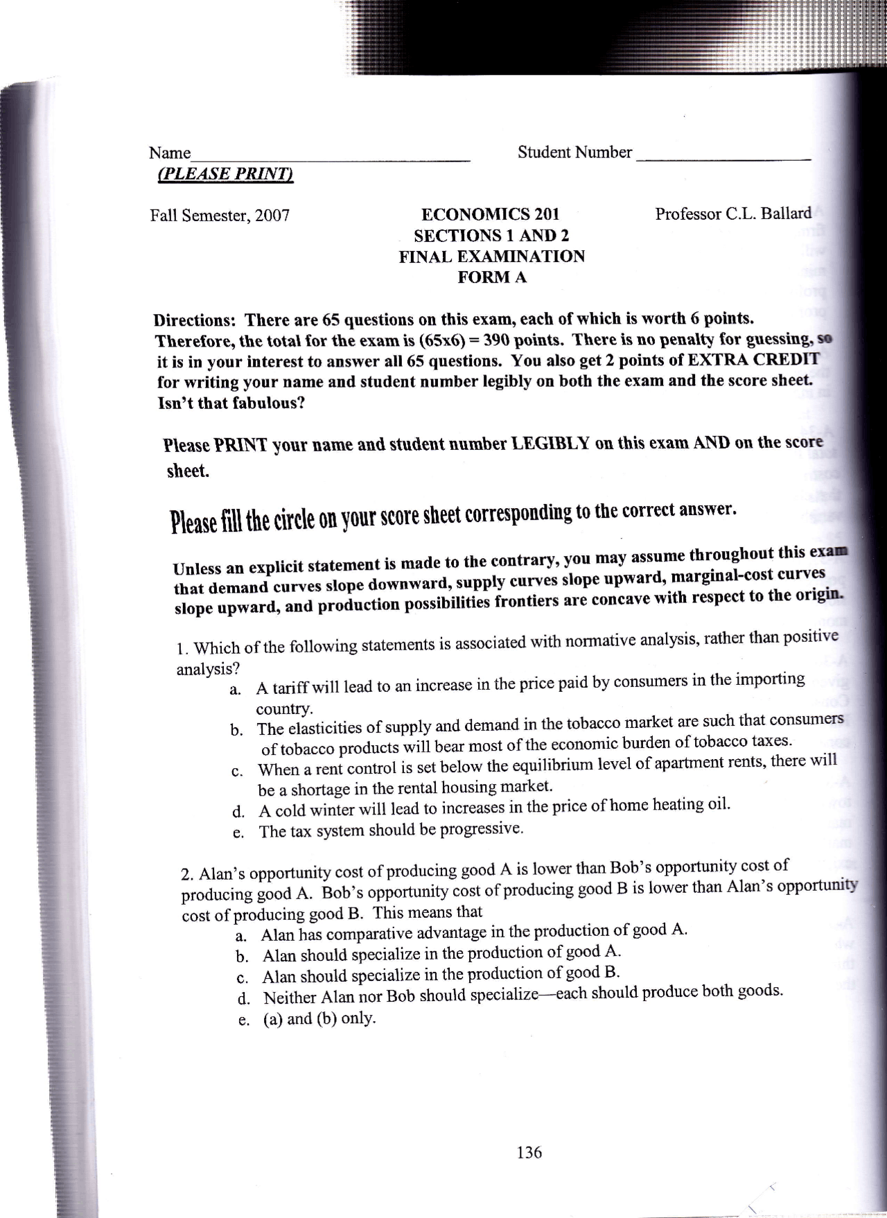 Final Examination From A - Introduction to Microeconomics | EC 201 ...