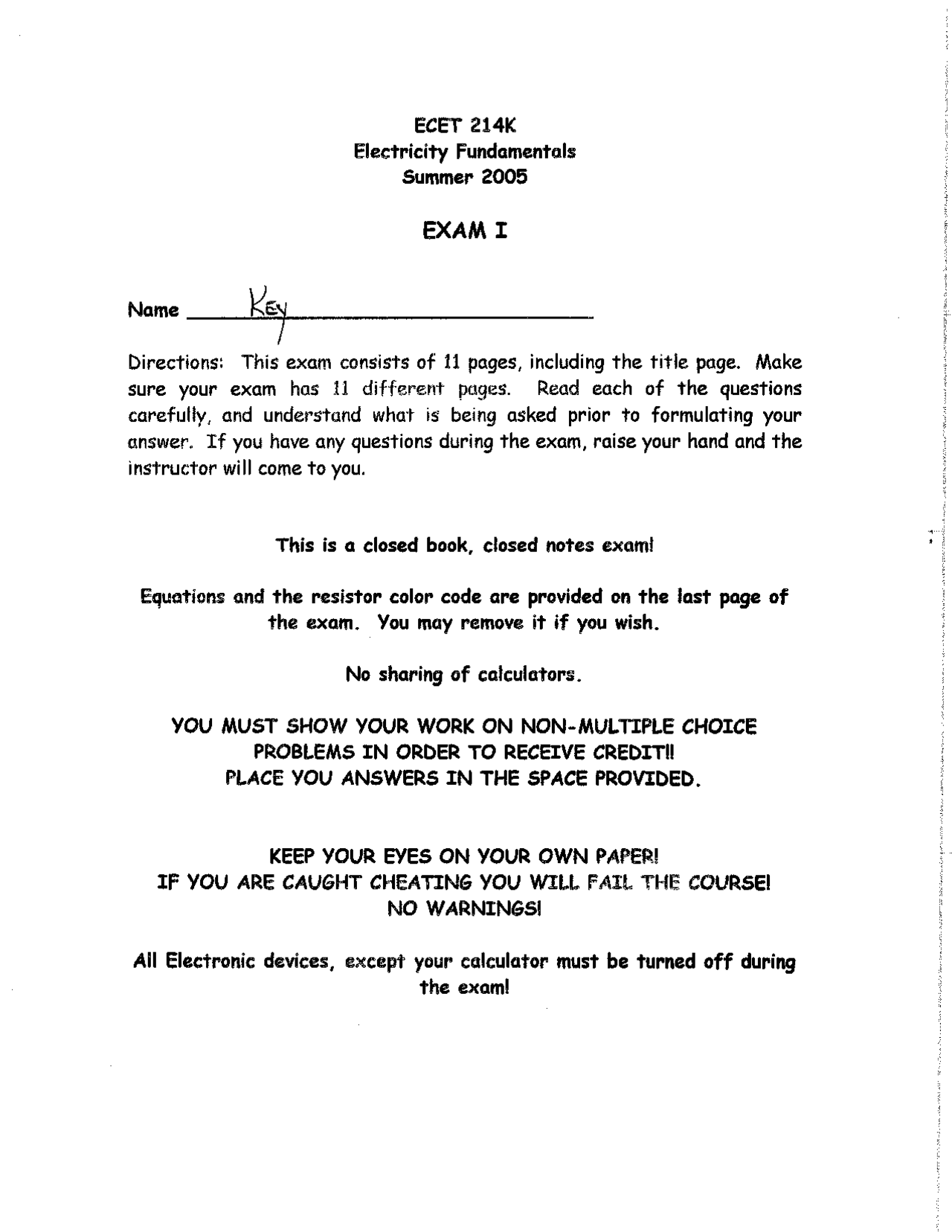 20 Questions With Answers On Electricity Fundamentals Exam 1 Ecet 21400 Docsity