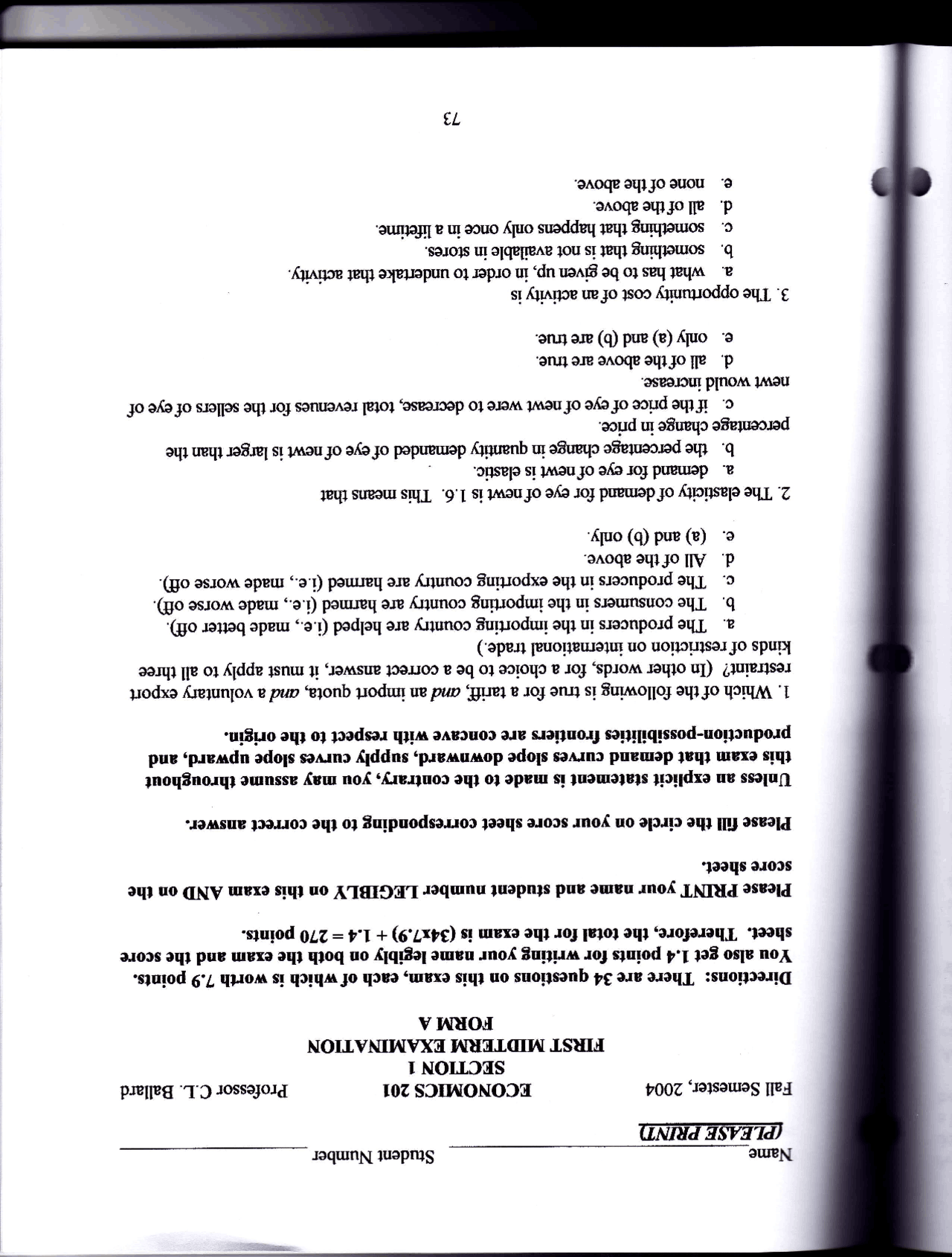 First Midterm Exam Form A - Introduction to Microeconomics | EC 201 ...