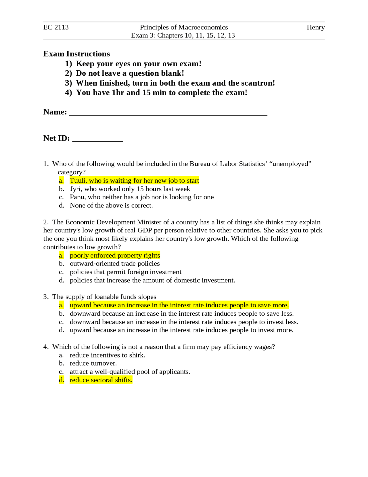Practice Exam 3 on Principles of Macroeconomics | EC 2113 - Docsity