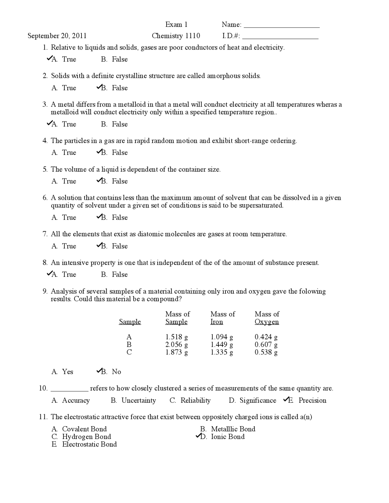 General Chemistry I - Solutions to Exam 1 | CHEM 1110 - Docsity