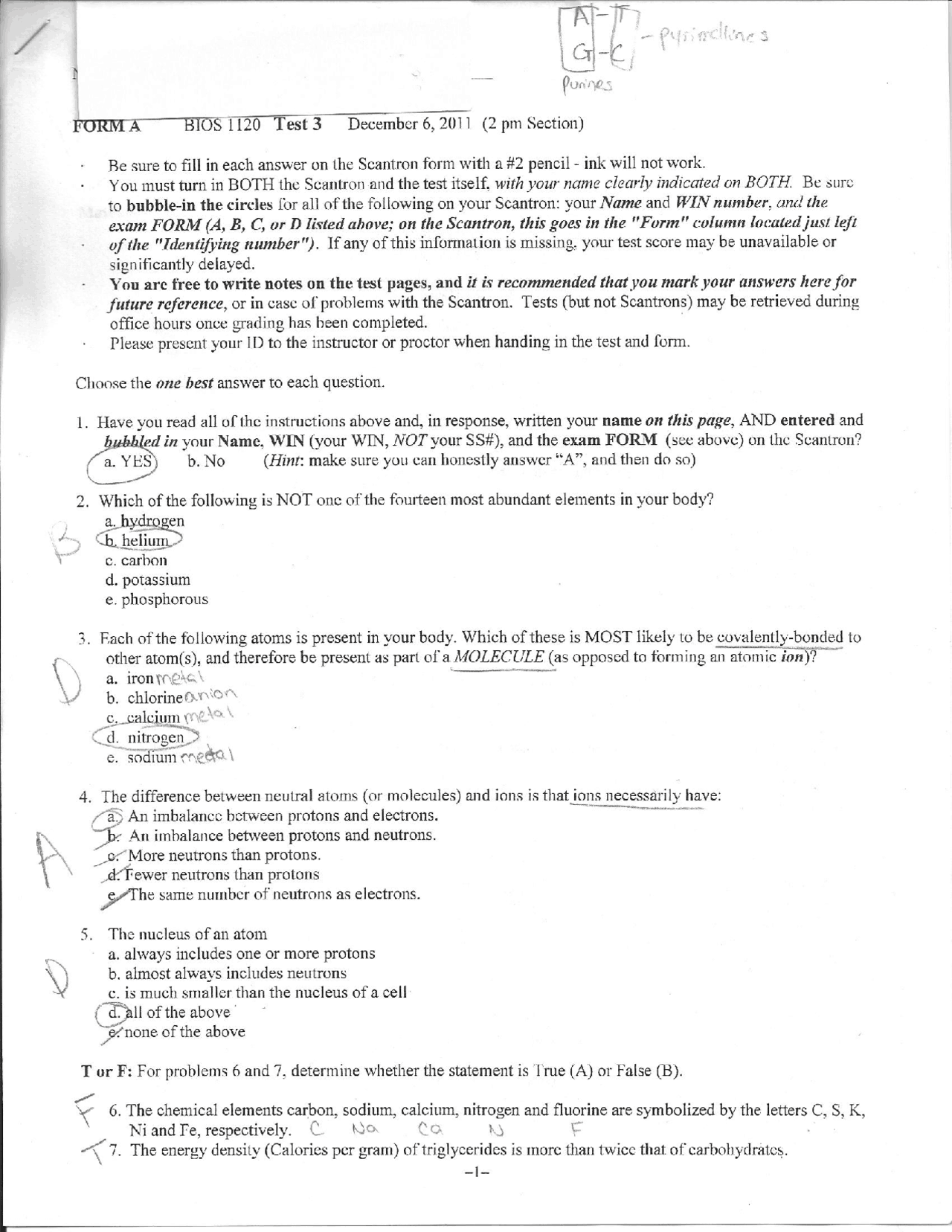 50 question for Principles Of Biology with answer key | BIOS 1120 - Docsity
