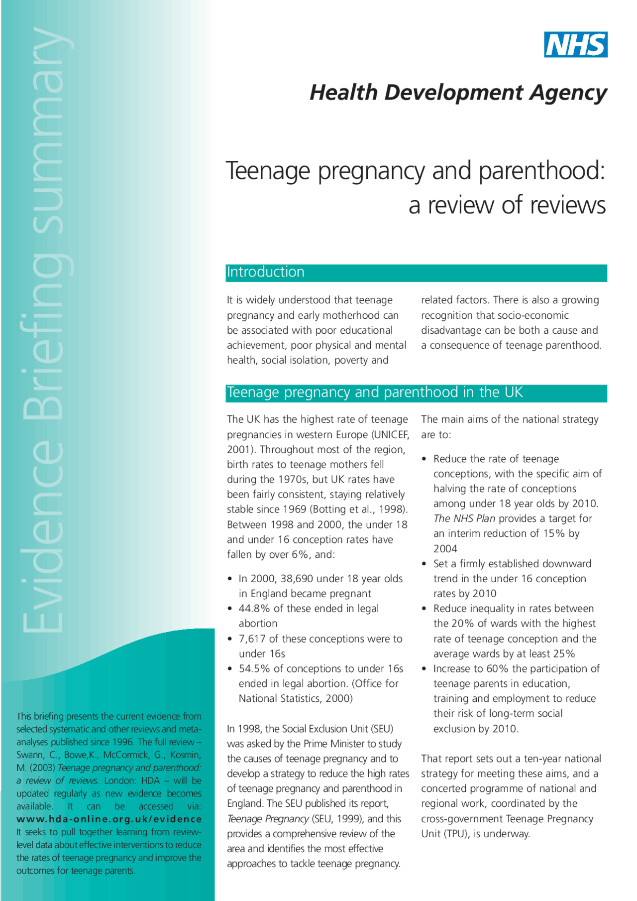 Teenage Pregnancy And Parenthood Lecture Notes English Literature Swann C Bowe K Docsity