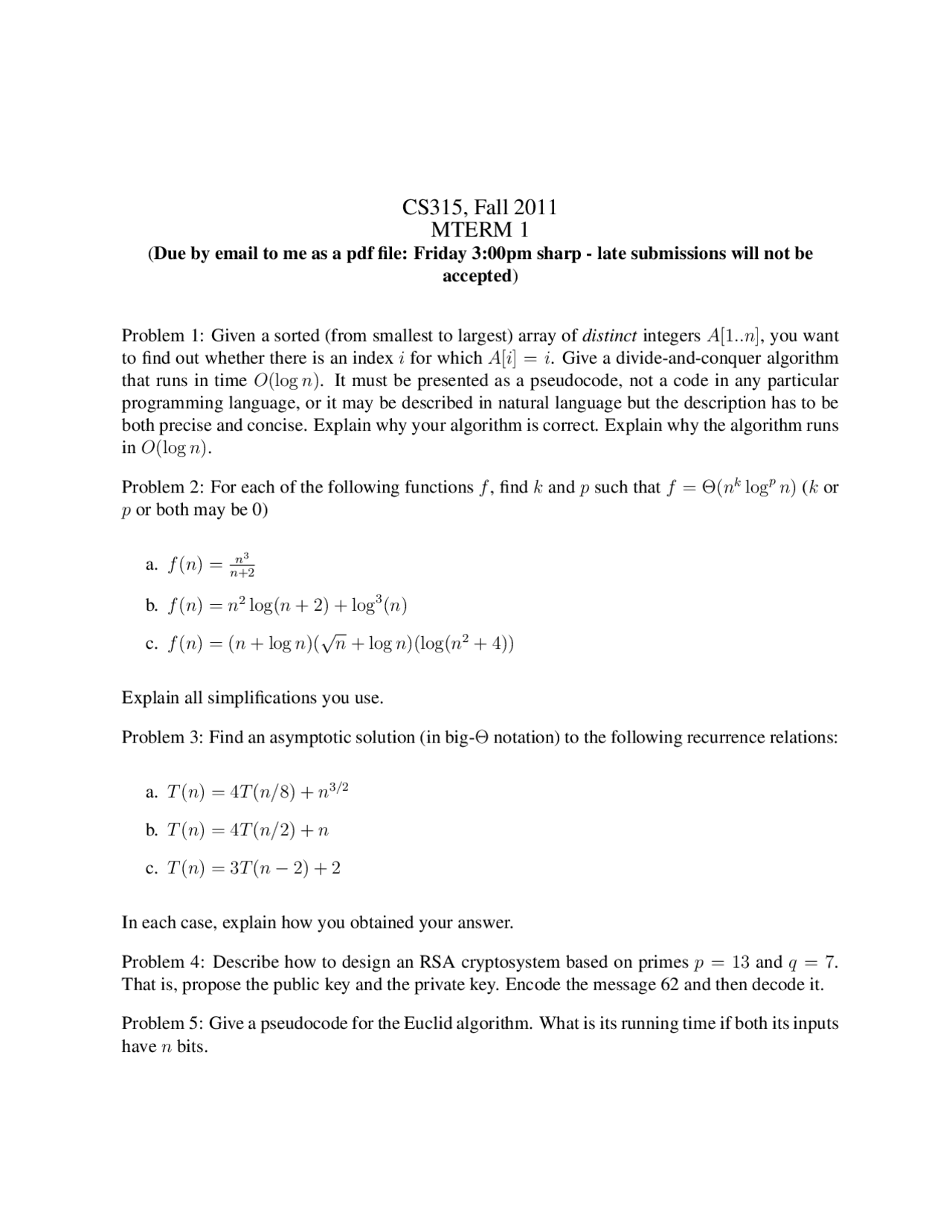 Midterm Exam 1 Fall 2011 - Algorithm Design and Analysis | CS 315 - Docsity
