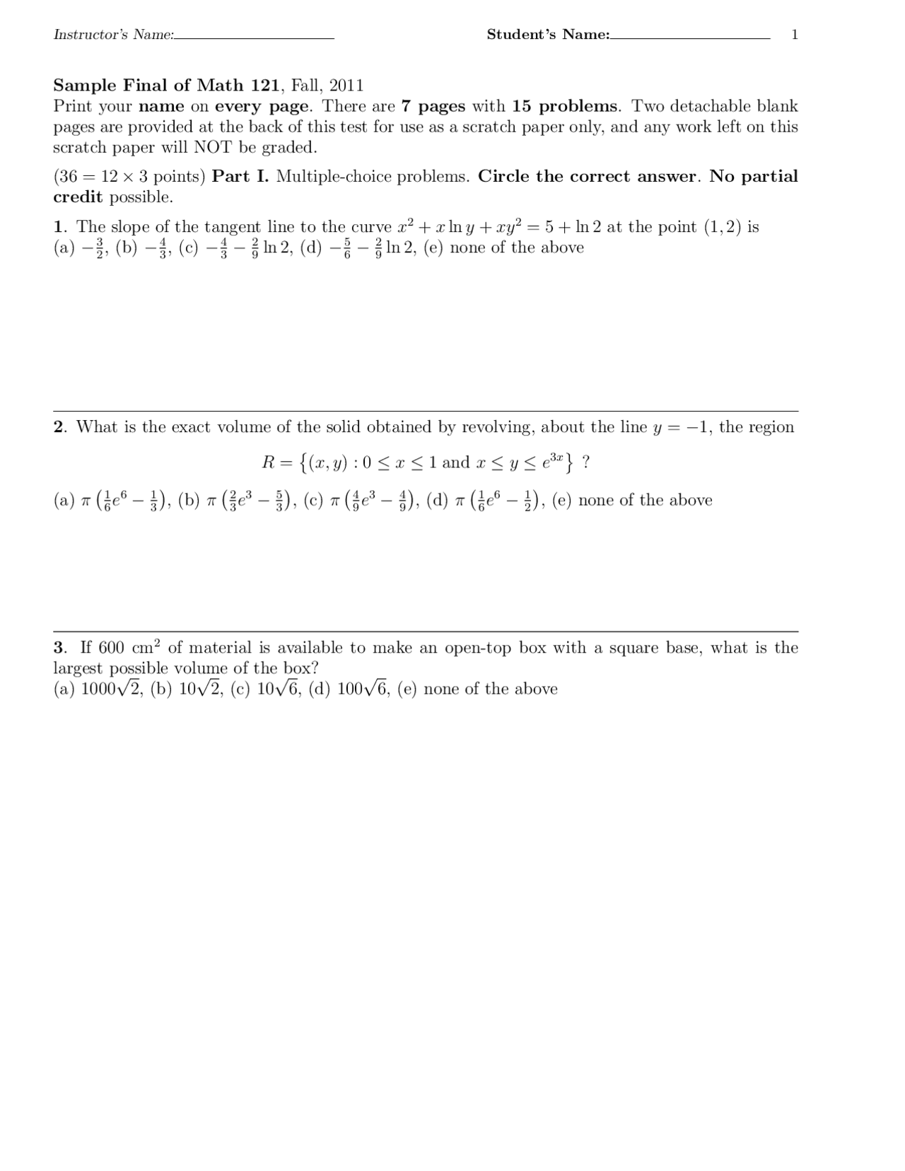 Calculus I - Sample Final Exam Problems | MATH 121 - Docsity