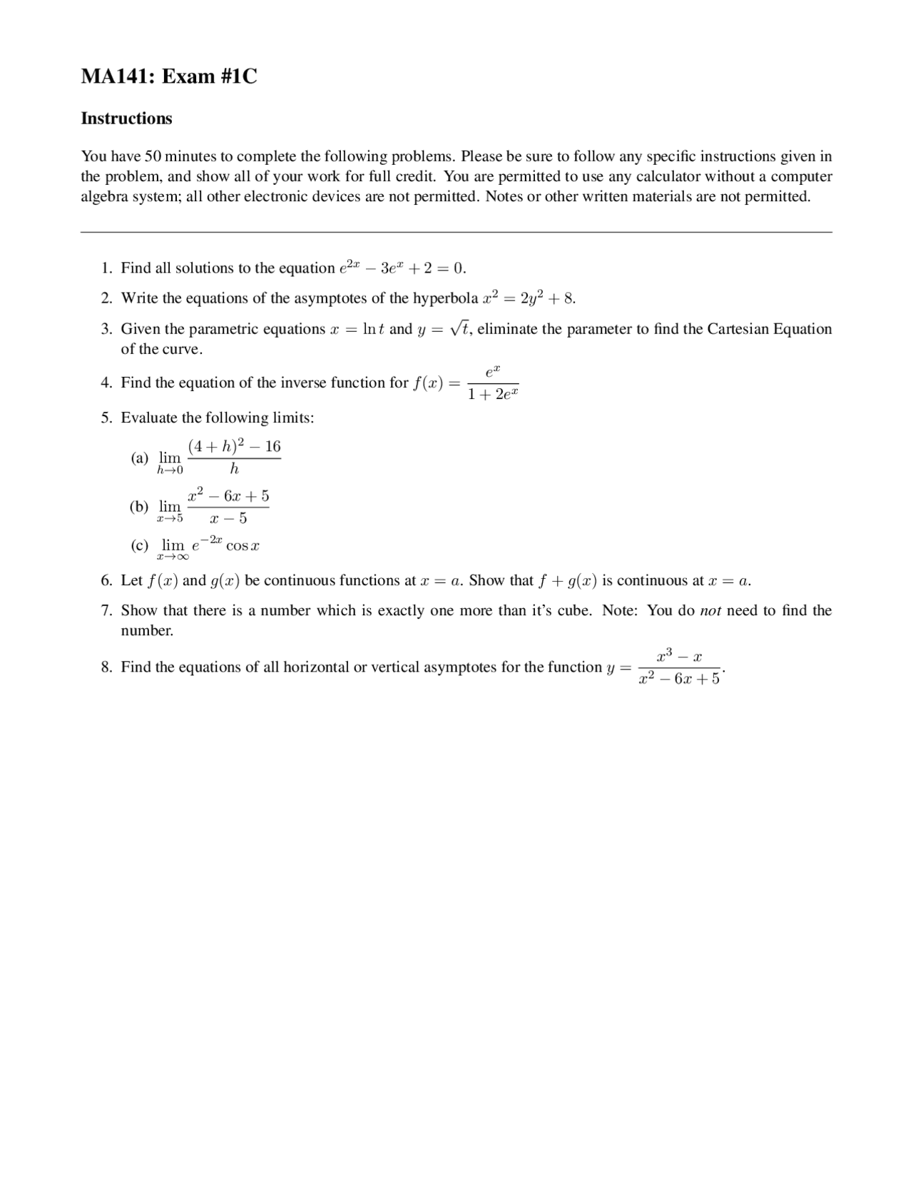 Calculus I - Practice Exam 1 Form C | MA 141 - Docsity