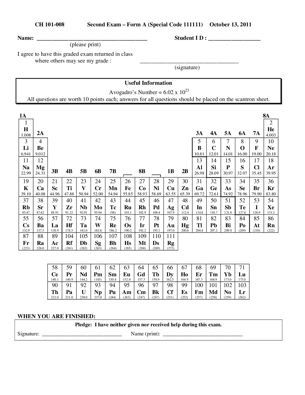 Exam 2 Form A with Answers | Chemistry - A Molecular Science | CH 101 ...