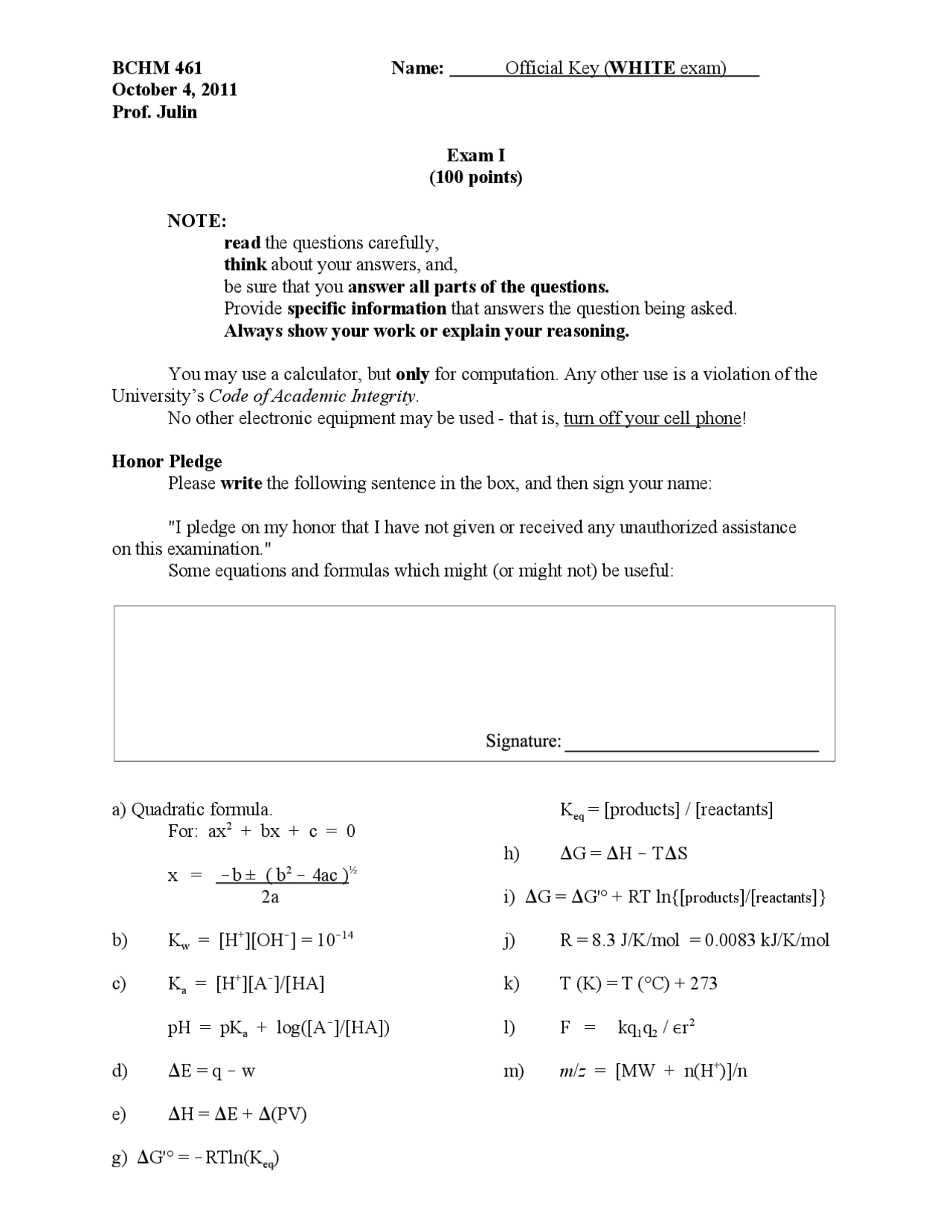 Biochemistry I Examination 1 Fall 11 hm 461 Docsity