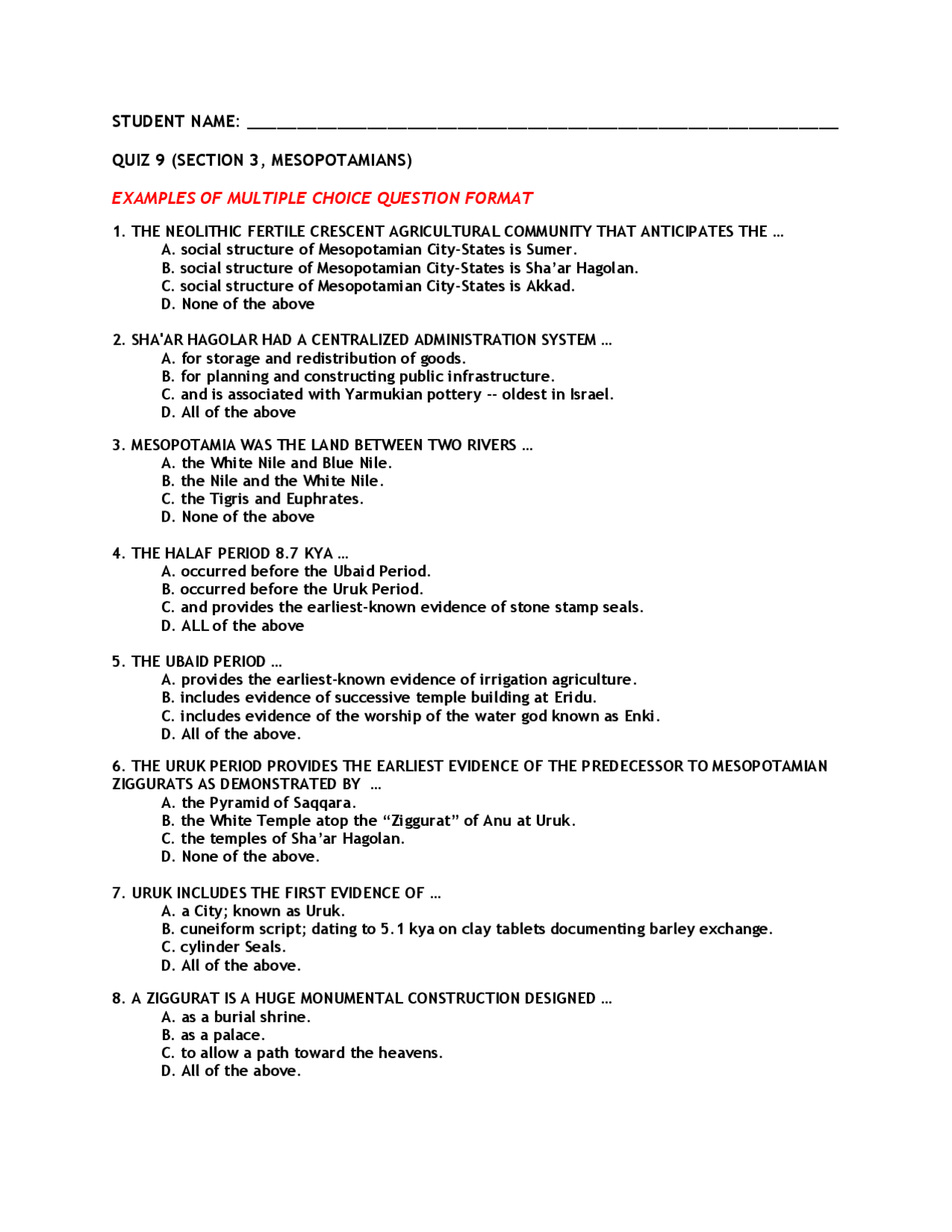 10 Multiple Choice Questions of Introduction to Prehistory (GTHI1